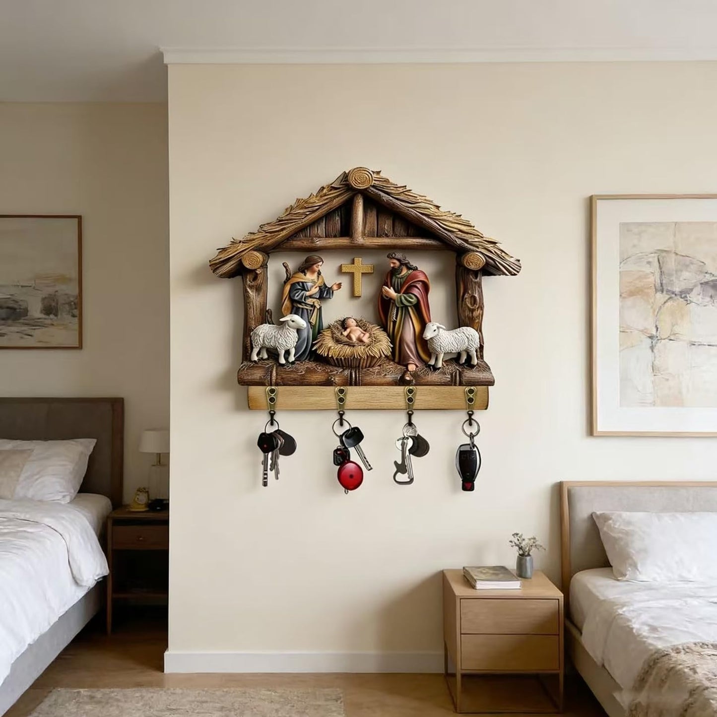 Wall-Mounted Nativity Scene Key Holder, 2D Holy Family and Baby Jesus Manger Wall Hooks (4 Hooks), Religious Christian Home Decor Key Rack Organizer for Entryway, Christmas Religious Gifts