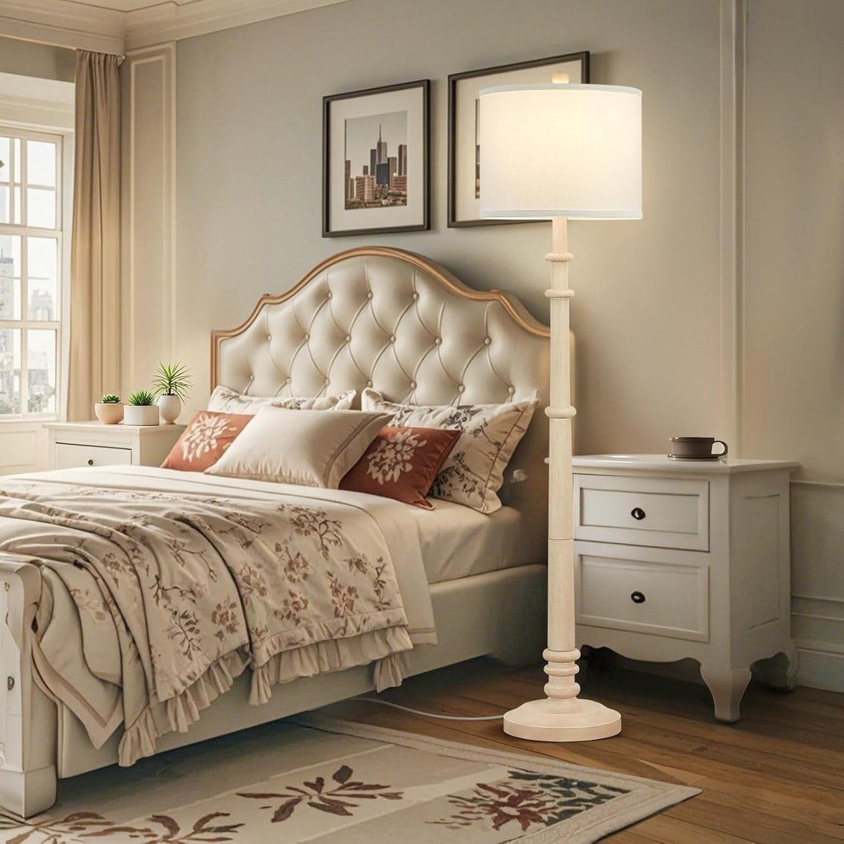 Floor Lamps for Living Room - 60" Resin Farmhouse Floor Lamp with 3 Color Temperatures - Vintage Standing Lamp Reading Light with Linen Shade Rustic Tall Lamp for Bedroom Office, Oatmeal Wash