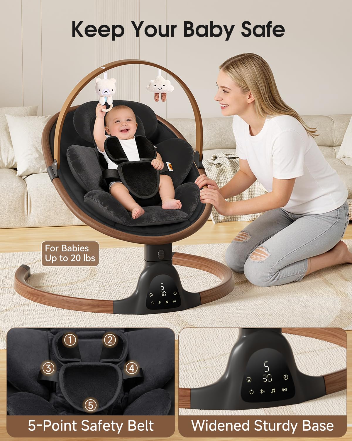 Baby Swings for Infants, Electric Infant Swing with 5 Speed Modes, 5-Point Harness, 3 Timer Settings, Built-in Lullabies & Bluetooth, Portable Modern Swing for Indoor & Outdoor (Black)