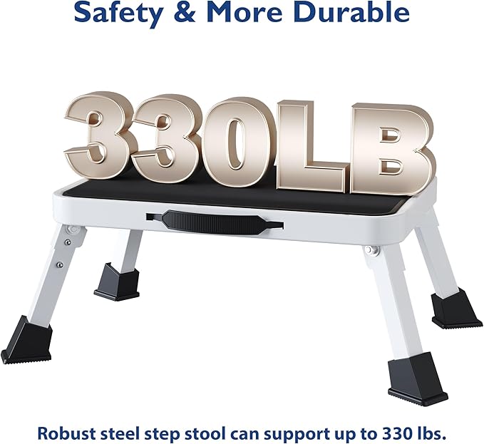 BONTEC Foldable Step Stool, Step Stool with Non-Slip Platform, Step Ladder with Thick Rubber Feet, 330lbs Capacity, Ideal for Adults and Children in Kitchen, Bedroom, Office, RV, White