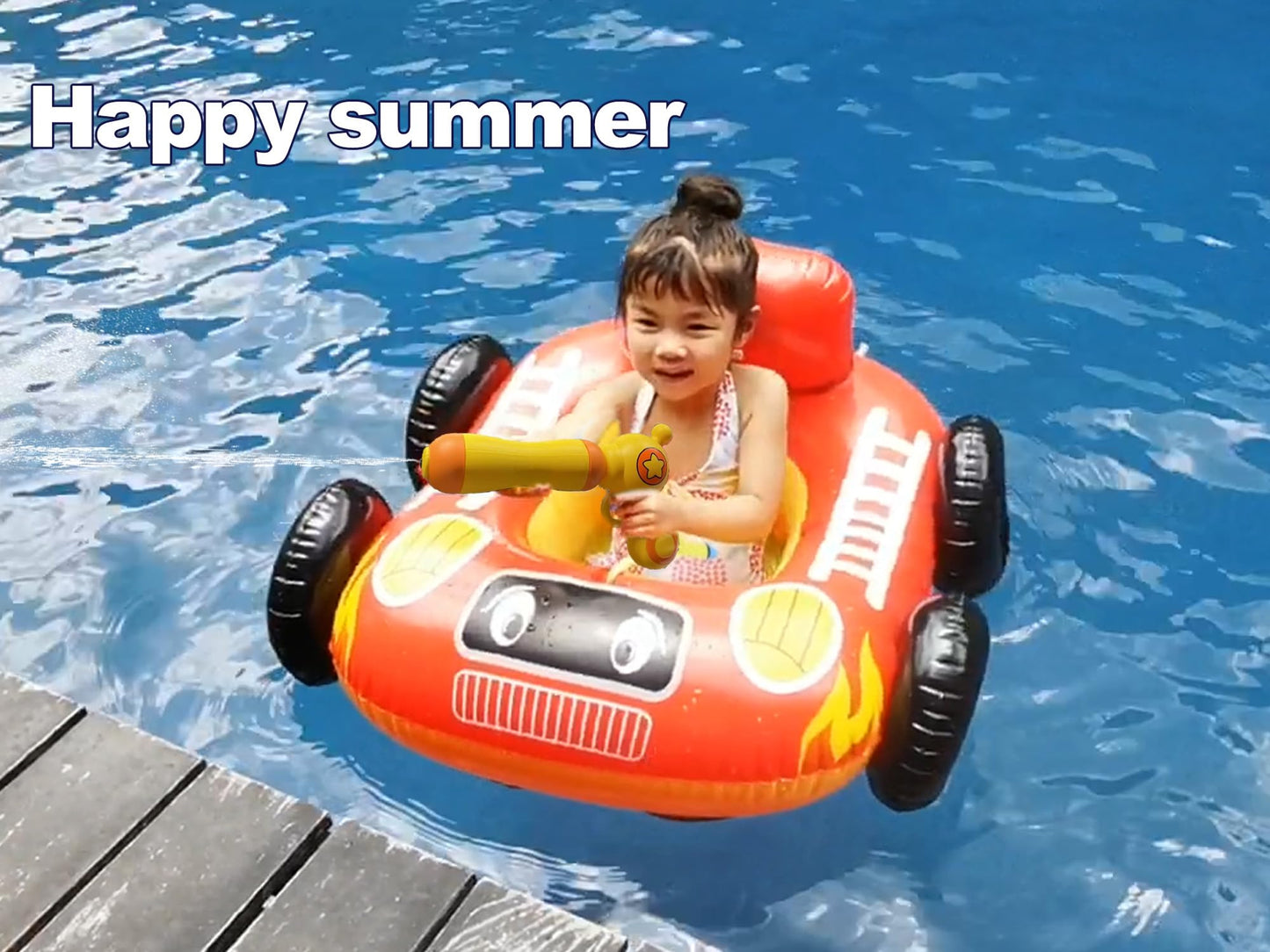 Big Summer Inflatable Fire Truck Pool Floats for Kids with Built-in Squirt Gun, Inflatable Toddler Pool Toys for Children Aged 3-8 Years