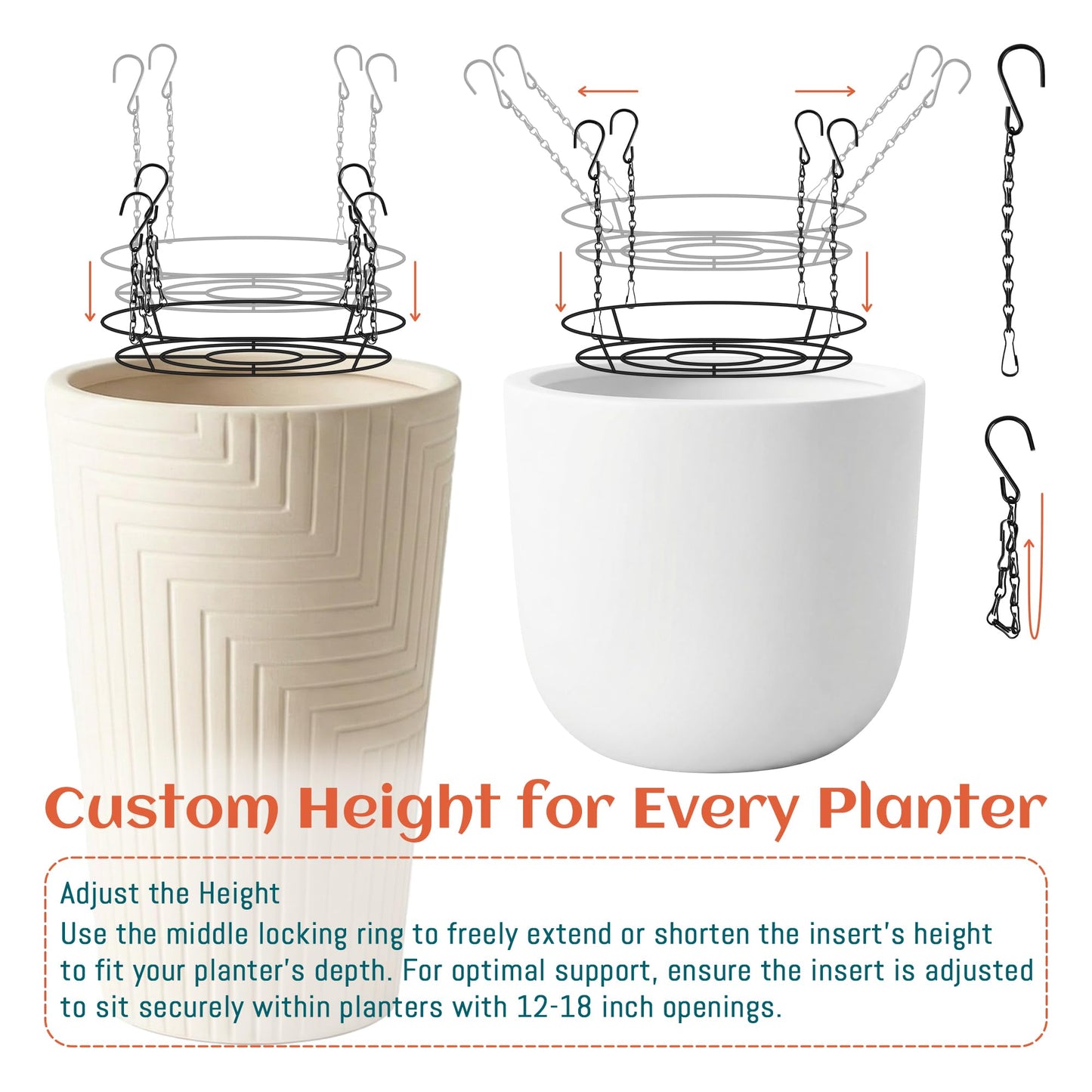 Adjustable Planter Inserts for Large Pots, 12-18" Plant Risers for Inside Pots, Black Stainless Steel Planter Insert with 4Hooks, Chain Pot Fillers for Tall Round Planters to Reduce Soil (1, black)