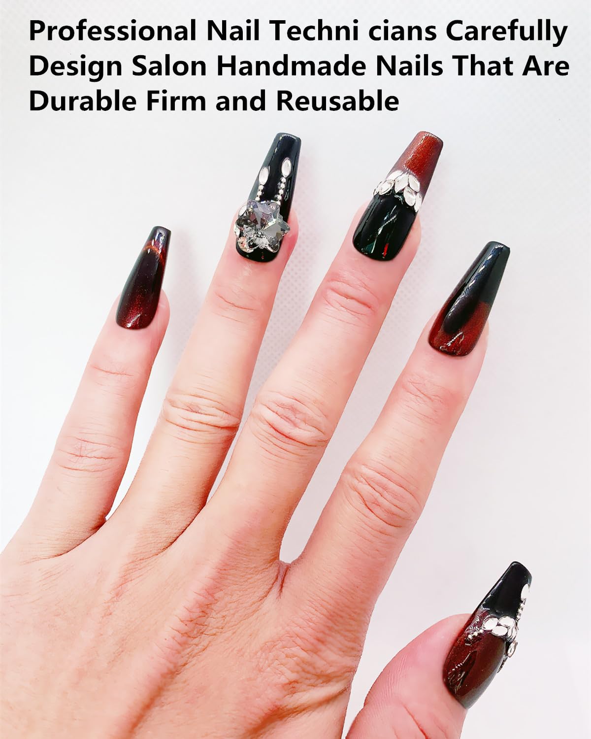 CAMILCY Press on Nails Handmade Nails Luxury Reusable Fake Nails For Girls long Coffin Armor Gradient Black RedDiamonds HandPainted Salon Loveful Design Acrylic GelUV Finished 3D Nails 10PCS (A008, M)