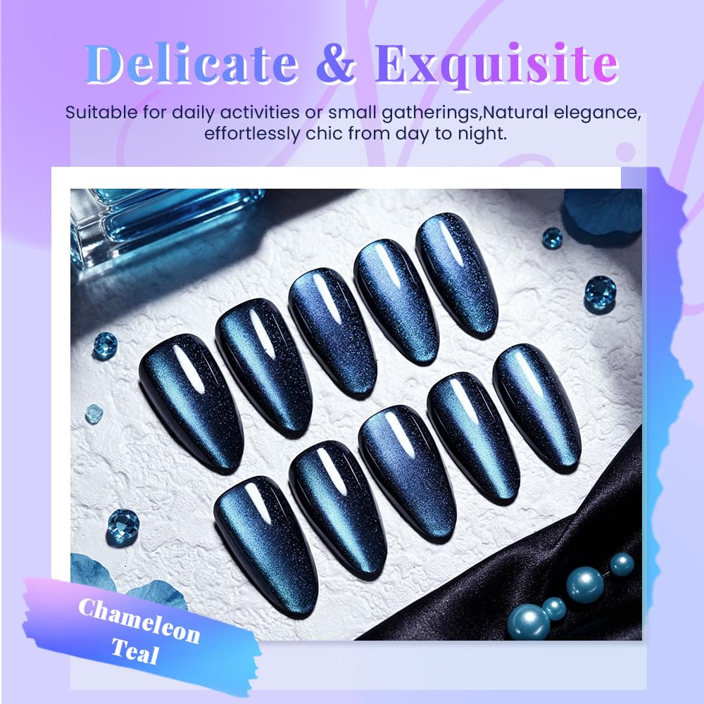 evpct Chameleon Teal Cat Eye Chrome Press on Nails Almond Medium No Glue, Holographic Medium Almond Stick on Fake Nail for Women, Glossy Cat Eye Effect, Perfectly Fit Salon-quality Soft False Nail