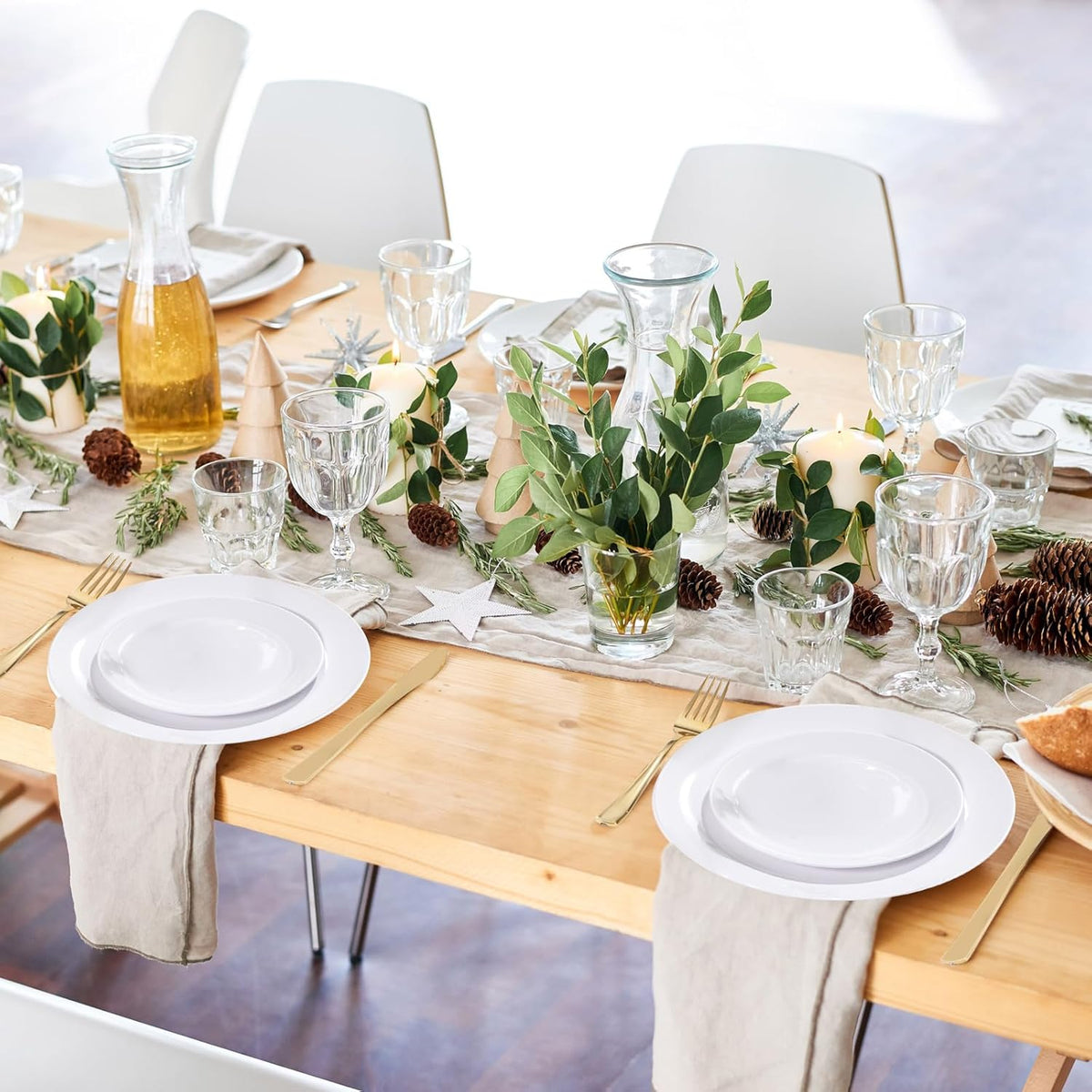 PULOTE 200 Pieces White Plastic Plates Disposable - Include 100PCS 10 inch Dinner & 100PCS 7 inch Dessert Plates, Ideal for Party & Wedding