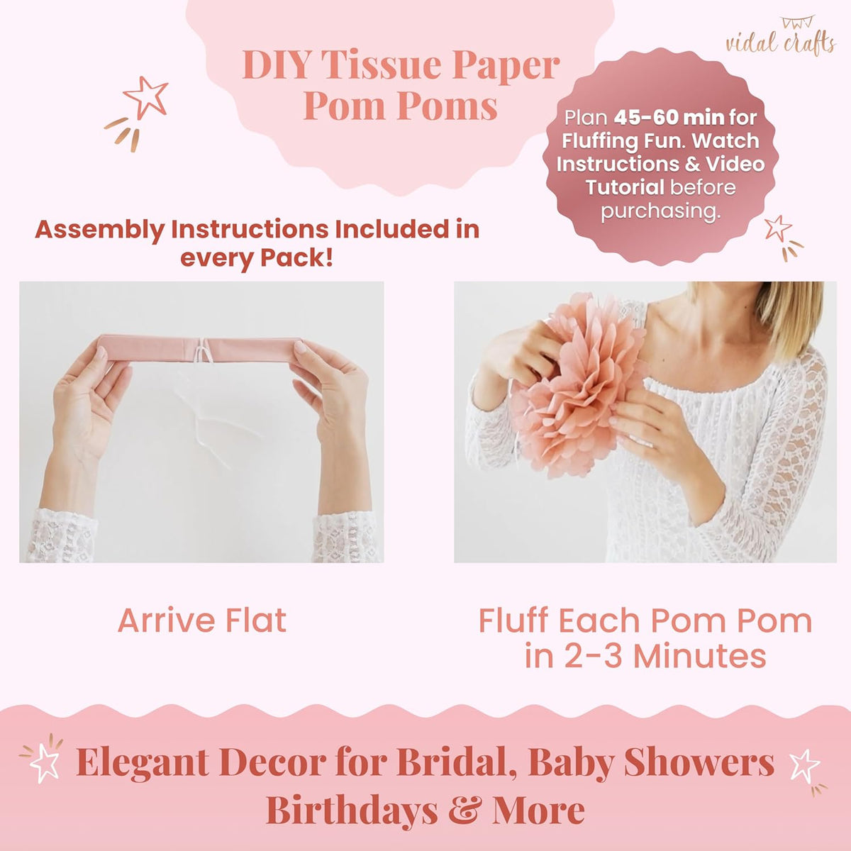 Vidal Crafts 20-Piece Boho Tissue Paper Pom Poms - Hanging Tissue Paper Flowers for Bridal Shower Decorations, Baby Shower Decorations for Girl, Wedding, Birthday Party - Assorted Sizes 6" to 14"