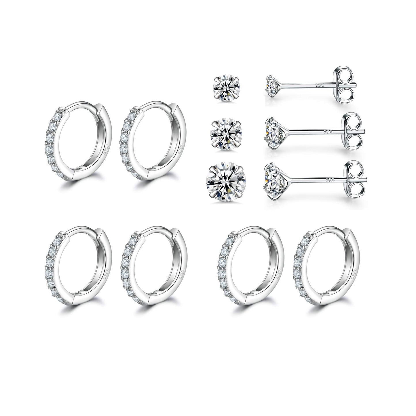 Sterling Silver Small Hoop Earrings Sterling Silver Stud Earrings for Women 6 Pairs Hypoallergenic Cartilage Hoops Tiny Cubic Zirconia Stud Set