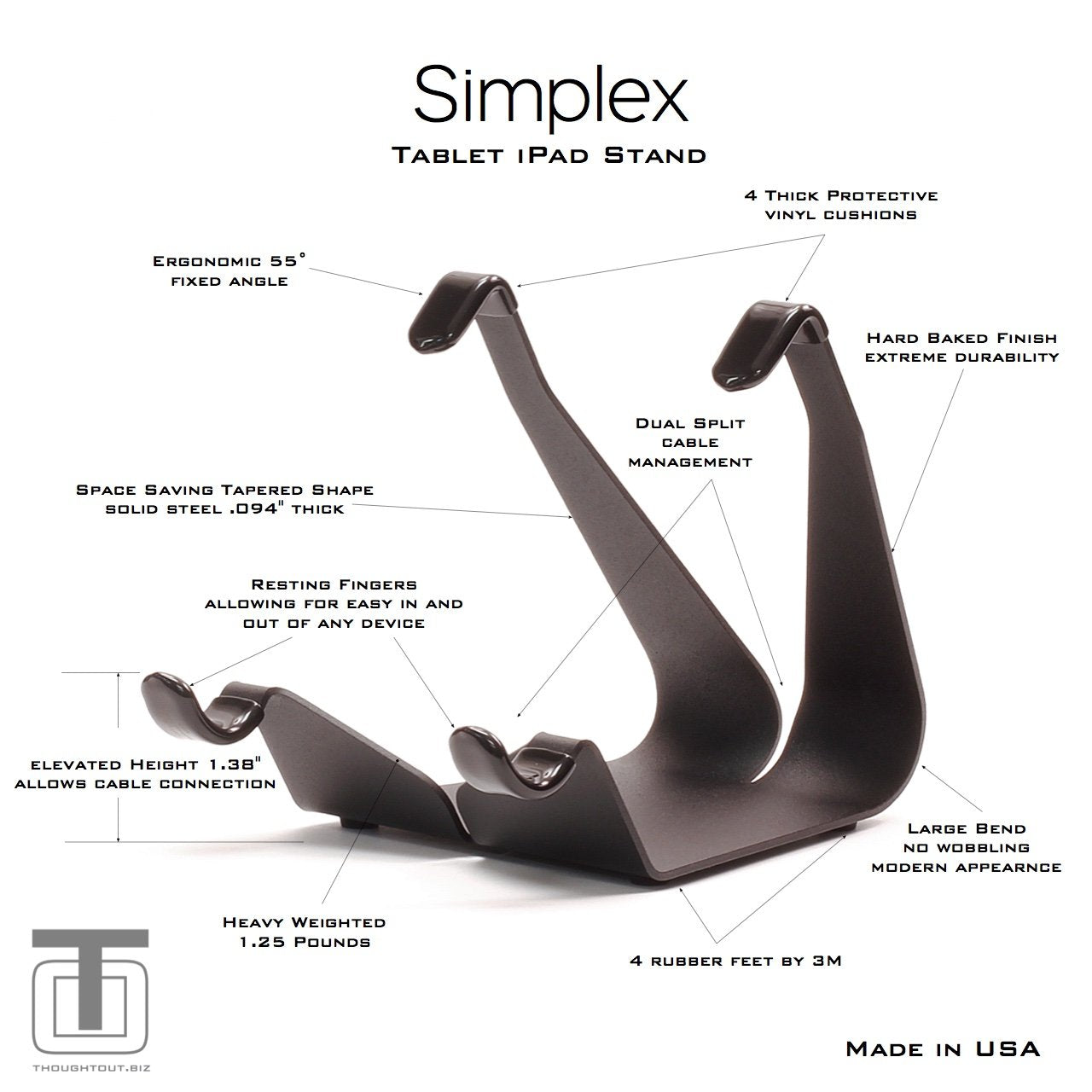 Thought Out Simplex Steel Stand Black - Made in USA - Compatible with Apple iPad