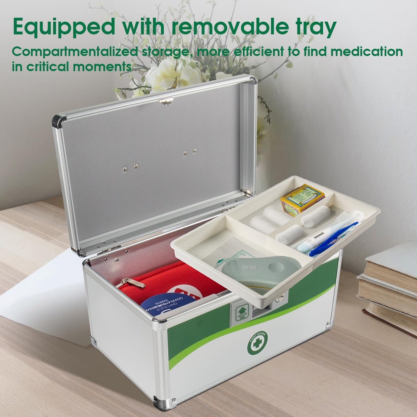 Medicine Lock Box, First Aid Safe Medication Storage Box, Layered Aluminum Daily Medicine Lockable Box with Key (Size-Large 14 * 8.5 * 7.5inch)