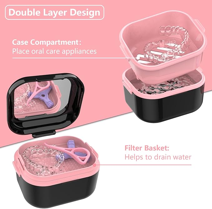 BVN Denture Bath Denture Case: Denture Cup for Soaking Dentures, Retainer Cleaner Case with Mirror, Mouth Guard Case, Aligner Case, Retainer Holder, Night Guard Case, False Teeth Container Black