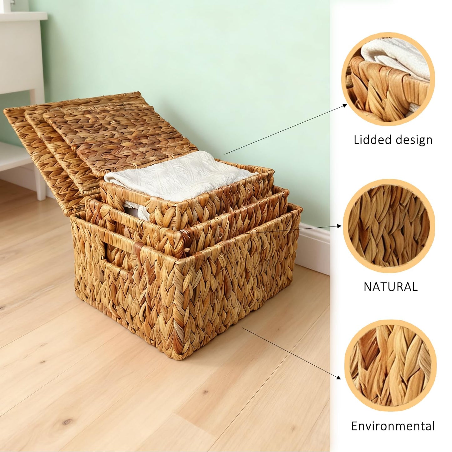 Wicker Storage Baskets With Lid,Set of 3 Rectangular Rattan Basket Decorative Boxes with Handles,Large Storage Box Hyacinth Wicker Baskets For Shelf Organizer, Nursery Room,Bathroom,Living Room