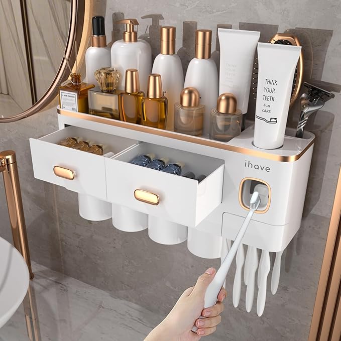 iHave Toothbrush Holders for Bathrooms - Upgrade Wall Mounted Toothbrush Holder with Toothpaste Dispenser - 4 Cups, Large Capacity Tray, 2 Cosmetic Drawer - Bathroom Organizers and Storage