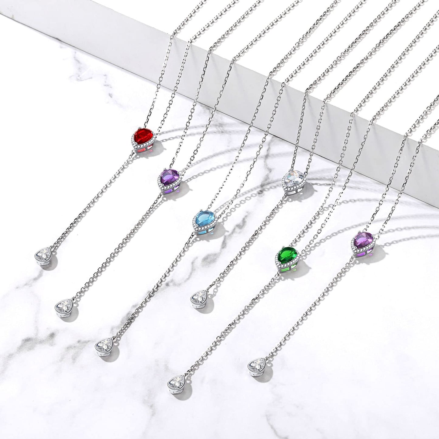 FOCALOOK 925 Sterling Silver CZ Teardrop Lariat Necklace 16"-18" Y Drop Adjustable Birthstone Necklaces for Women