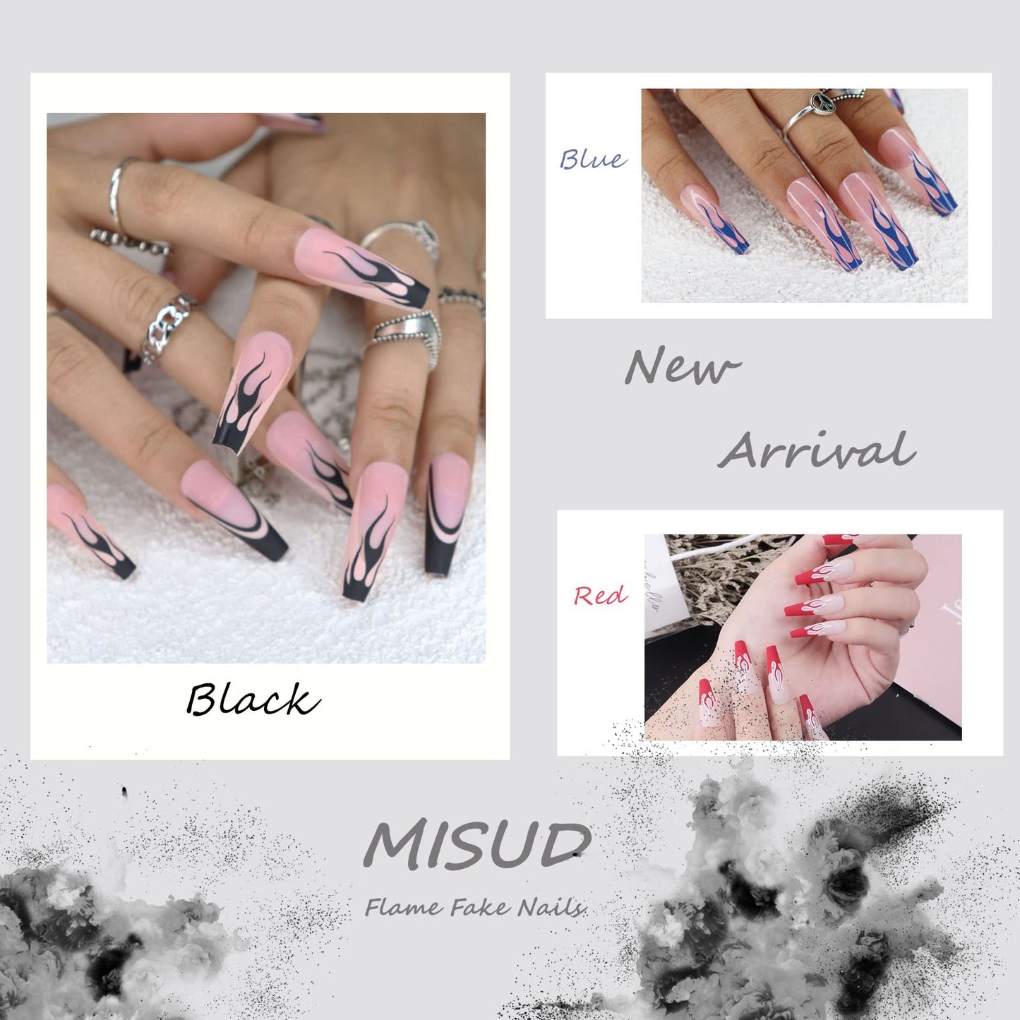 MISUD Press on Nails - Medium Square Fake Nails with Chrome, Acrylic Purple Design 24 pcs