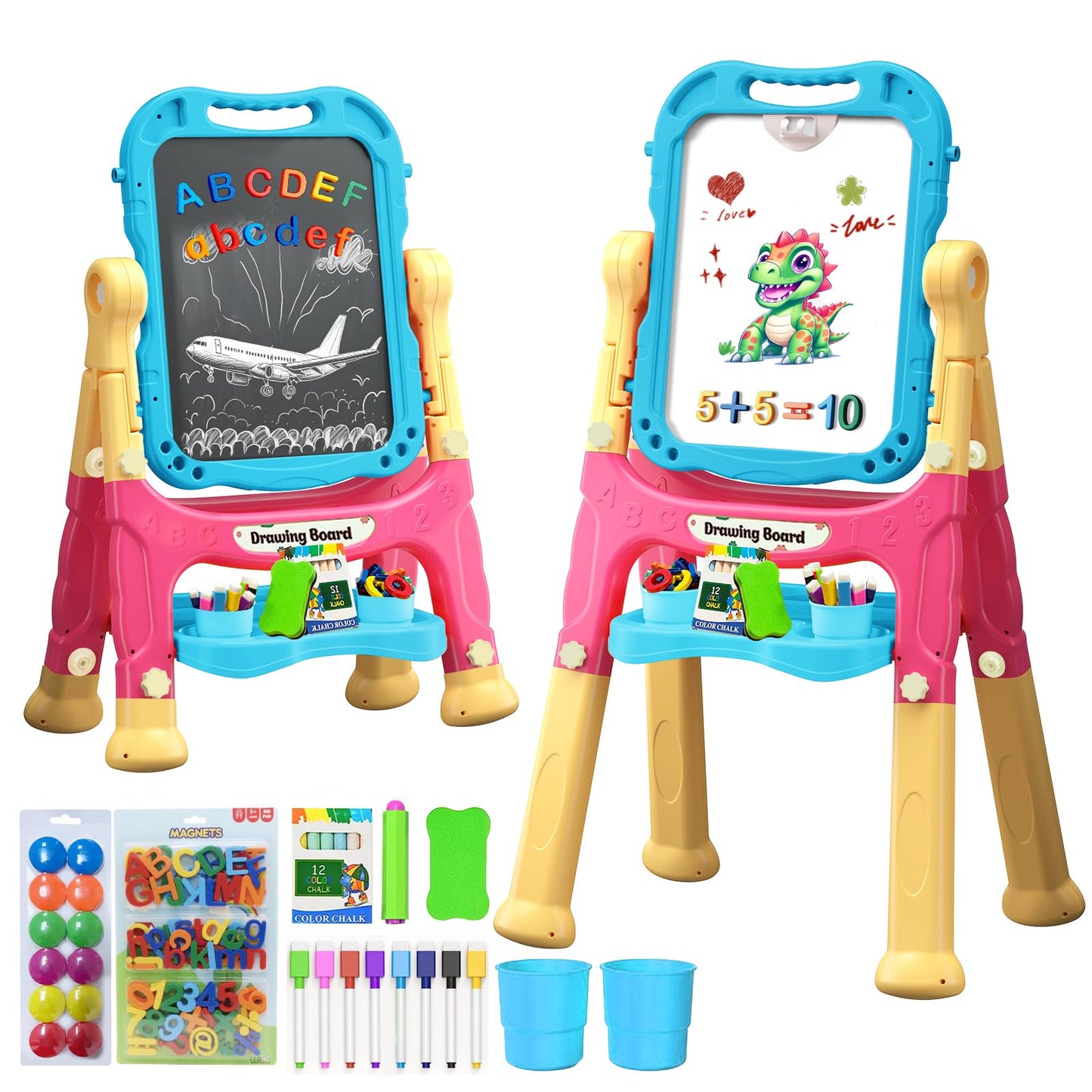 Juivin Art Easel for Kids Double Sided Magnetic Drawing Board with Letters & Numbers, Adjustable Standing Easel for Toddlers, Creative Play & Learning Toys for Kids - Blue