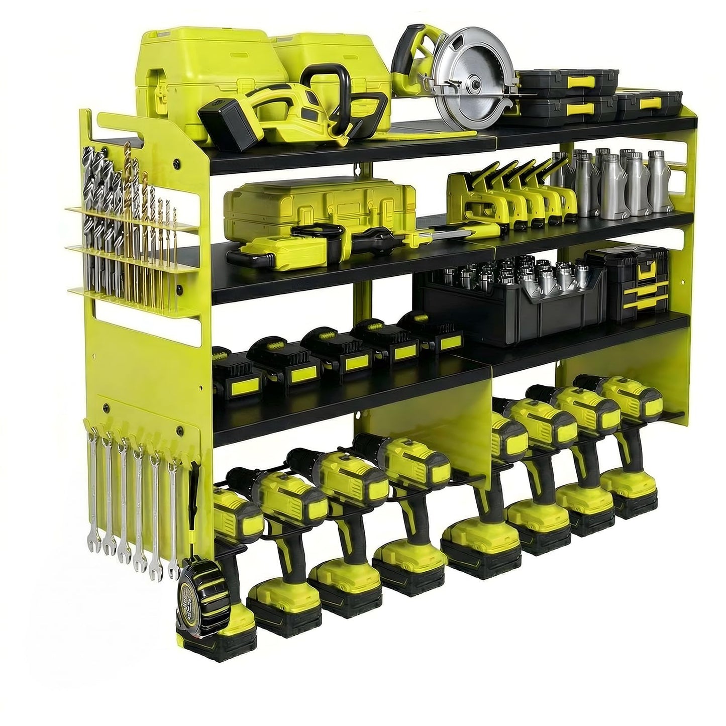 TimberAura 4-Tier Heavy Duty Power Tool Organizer, 600lbs Capacity Reinforced Steel Drill Rack with Side Accessory Mounting Studs, High-Visibility Wall Mount Storage, Fluorescent Green