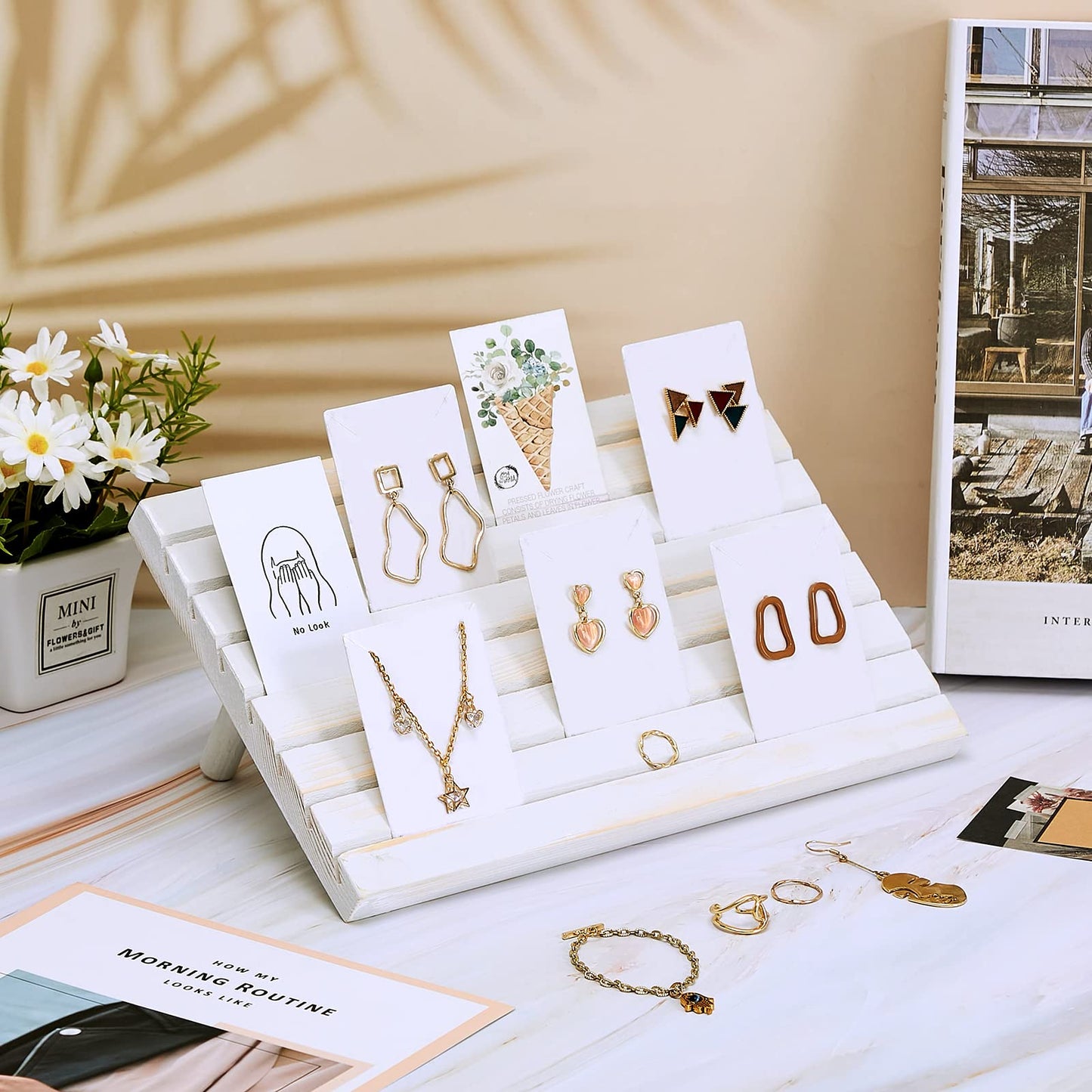 Blulu 31 Pack Wooden Earring Display Stand 7 Slots jewelry Display Holder with Earring Card for Selling Vendors Retail Show(Wash White, White)