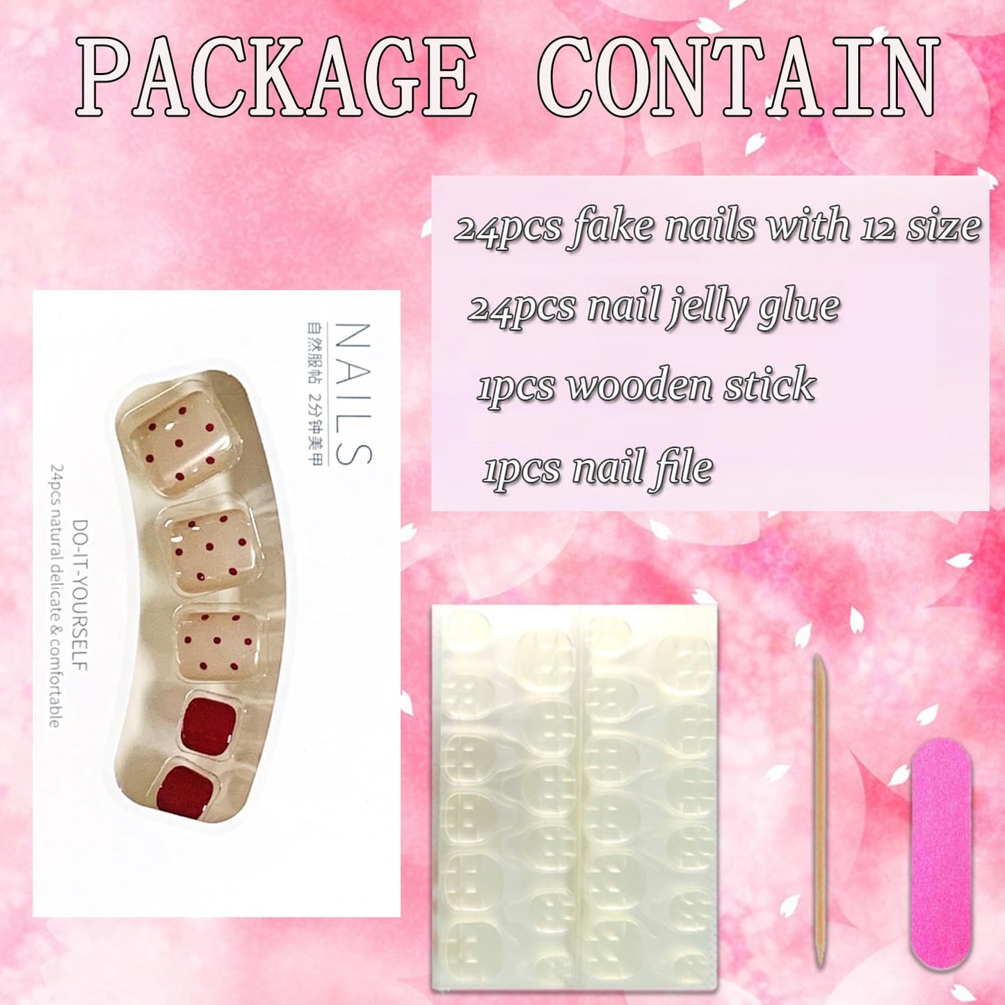 FIEONCIY 24pcs Press-on Square Acrylic False Nails Set with Glue, Red Spot Pattern, French Style, Spring & Summer Theme, Full Cover Nails, Multicolor, Women's Manicure Decorations