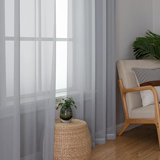 Simplebrand Light Grey Sheer Curtains 96 Inches Long, Light Filtering Silver Grey Rod Pocket Solid Color Window Sheer Curtain Panels, Elegant Curtains & Drapes for Living Room, Bedroom 2 Panels, 42" W