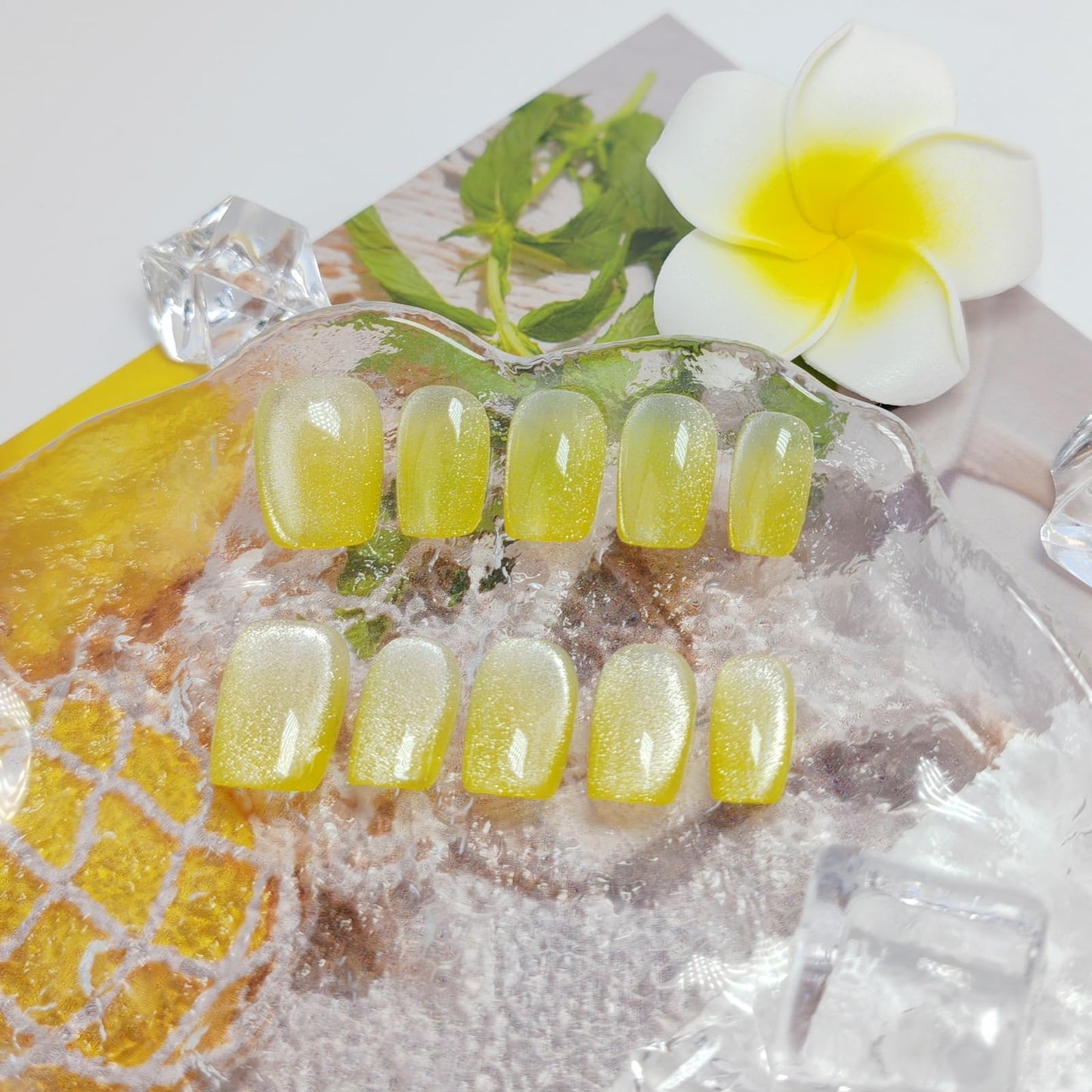 Short Square Press on Nails 3D Flower False Nails with Designs, Glitter Fake Nails Handmade Reusable Manicure Kit (Lemon#Large)