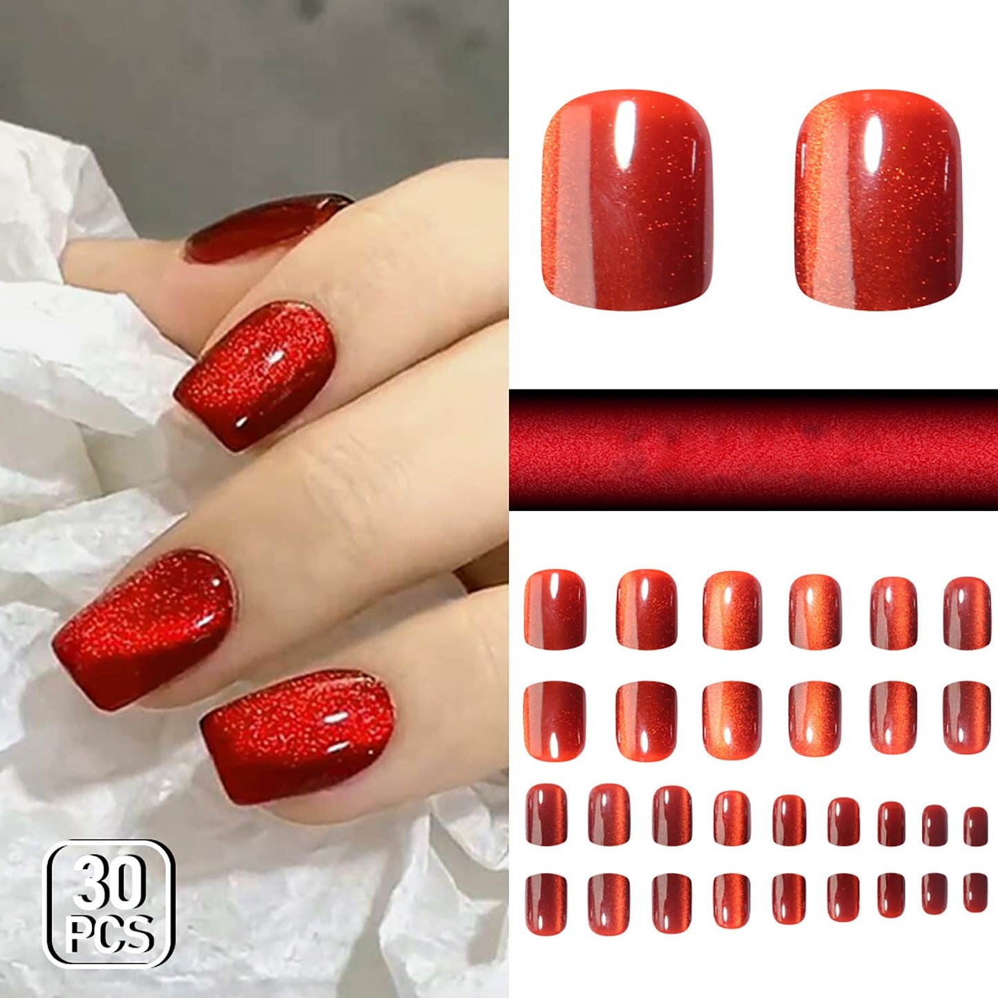 30Pcs Red Glitter Press On Nails Short Square Fake Nails Glitter Stick On Nails Press Ons Red Glossy Reusable False Nails Full Cover Artificial Glue On Nail For Women Nail Supplies
