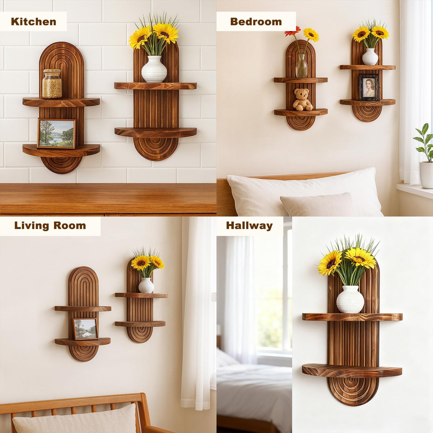 Artilady 2 Pack Shelf Wall Decor Boho Wood Floating Shelves 2 Tier Plant Holder Trinket Storage Rack Rainbow Hanging Decor for Home Bedroom Living Room Office Nursery