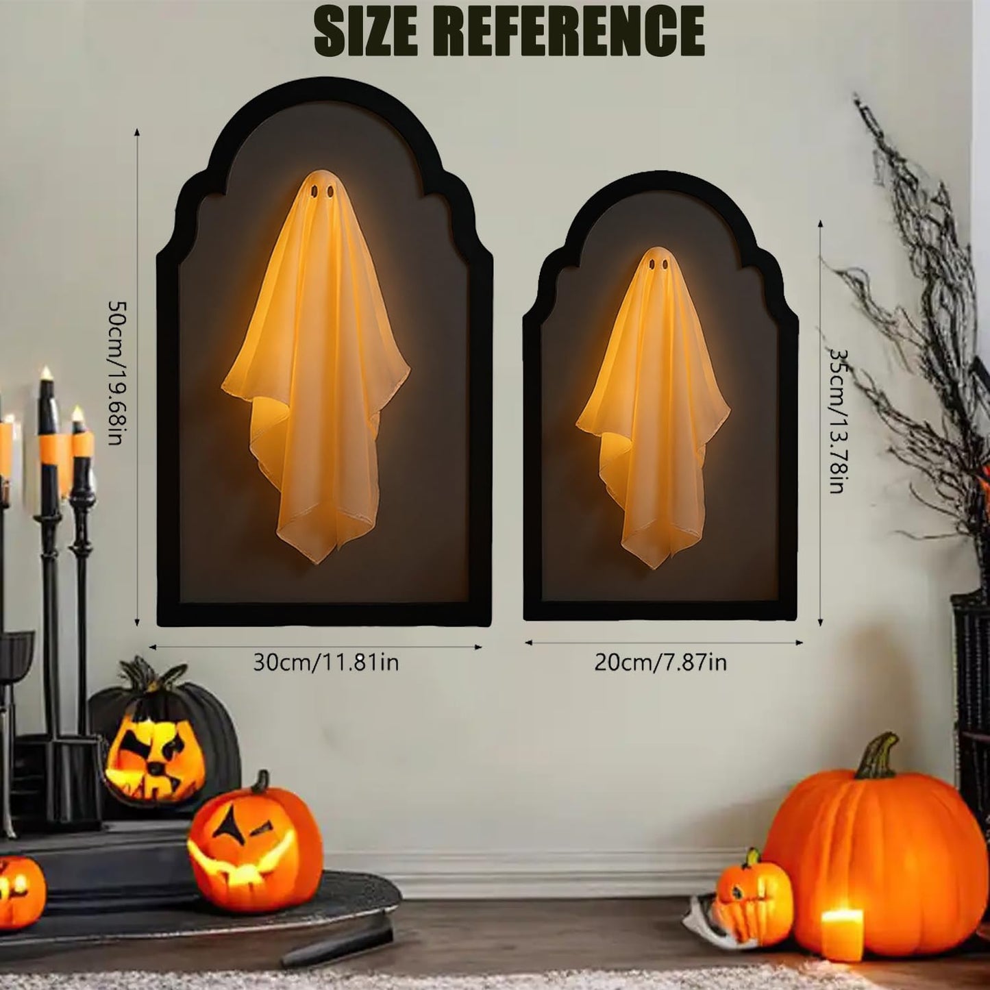 QIPECO Halloween Hologram Ghost Mirror with Creepy Eyes Night Light,Halloween Ghostmirror Spooky Halloween Haunted House Decor,Black Wood Frame (L)