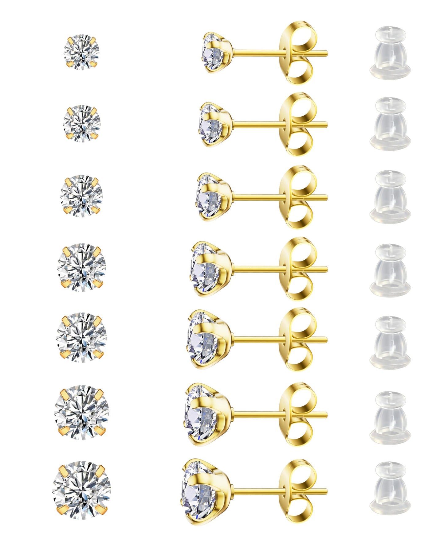 Arminor 7 Pairs 20G Stud Earrings for Women Men Hypoallergenic 316L Surgical Stainless Steel Earrings for Multiple Piercing | AAAAA+ Cubic Zirconia Earring Stacks with Butterfly & Silicone Backs
