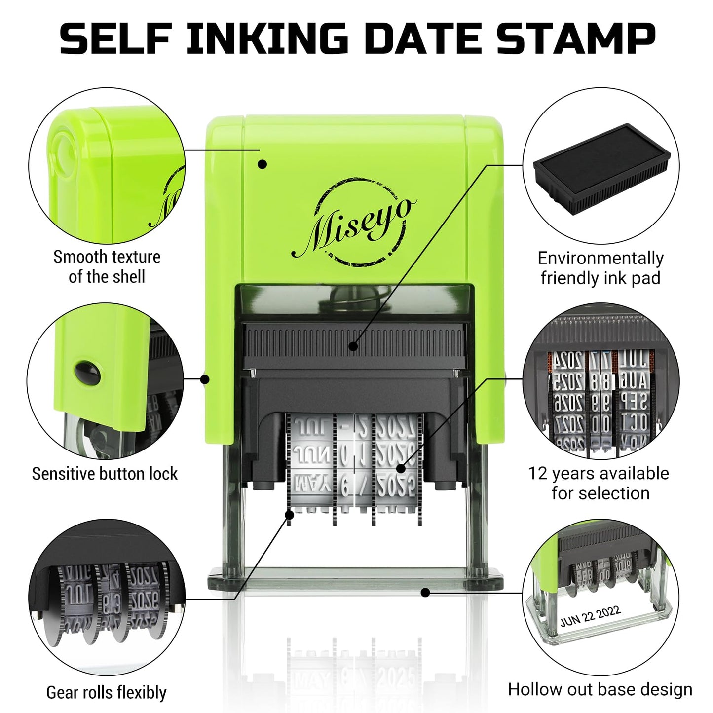 Miseyo Self Inking Date Stamp - Green (2 Black Refill Ink pad Included)