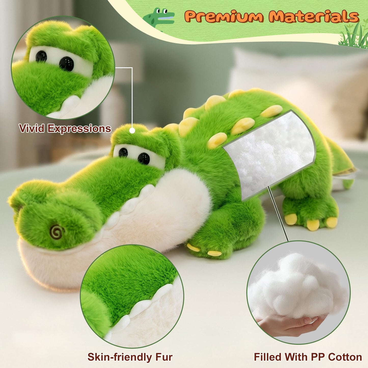 TITQWOP Alligator Stuffed Animal Plush Toy, Lying Flat Crocodile Hugging Pillow, Soft Long Plush for Kids & Adults, Cute Green Alligator Plush for Bed, Sofa, Gift 35.4in