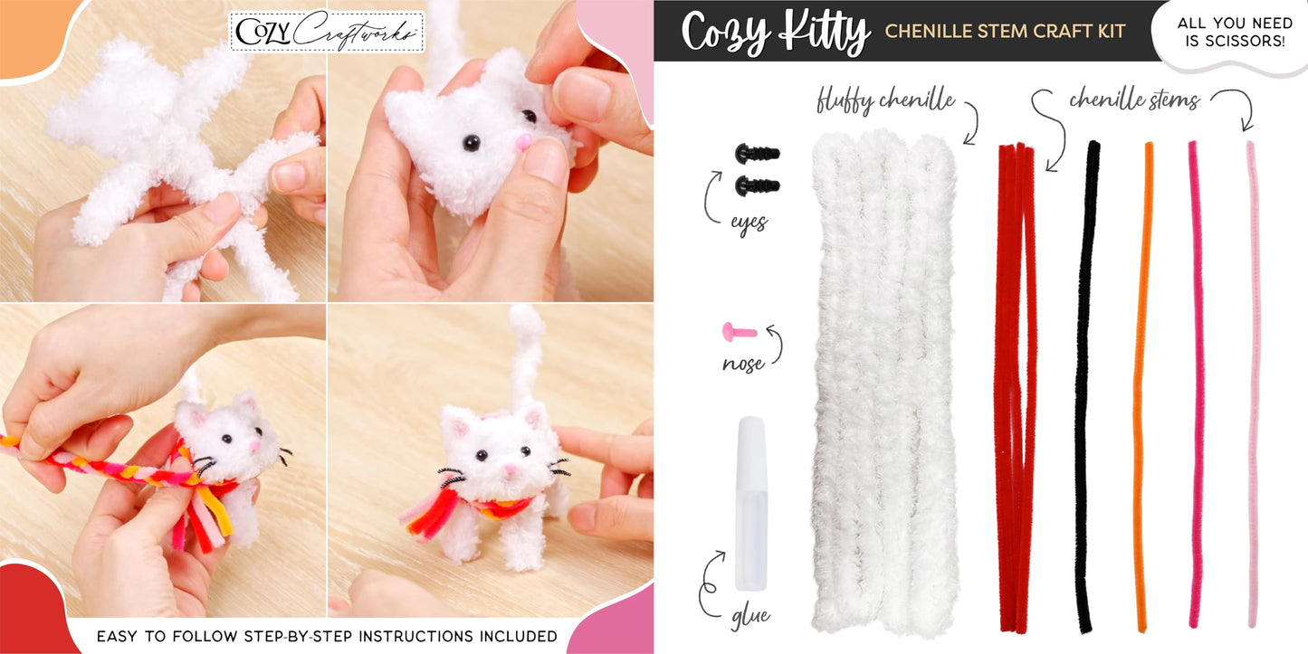 WeVeel Cozy Craftworks Chenille Stem Animal Craft Kit for Adults – Create 4 Adorable Animals (Kitty, Puppy, Bird & Owl) – Relaxing DIY Arts & Crafts Kit with All Supplies