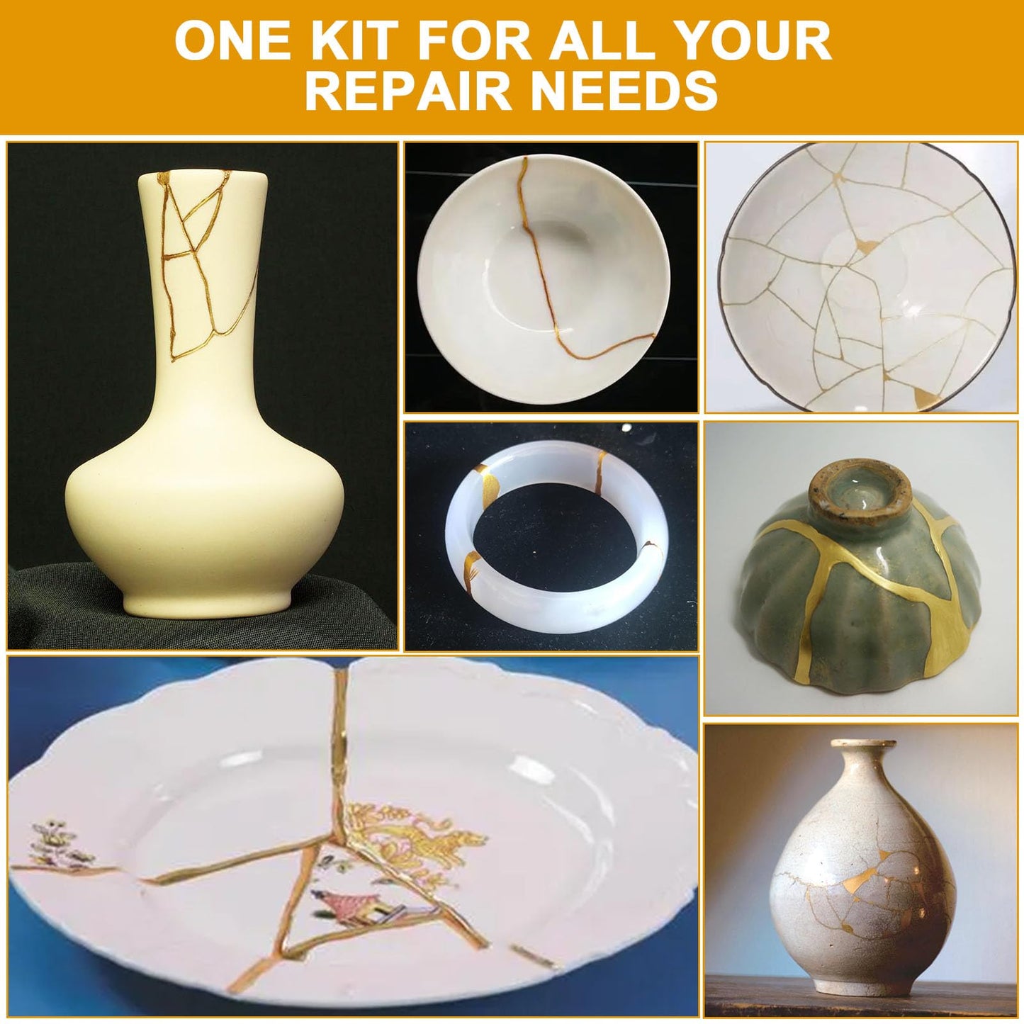 deuvuo Kintsugi Repair Kit Gold, 21 Pcs Authentic Kintsugi Repair Kit to Revive Your Broken Ceramic, Pottery, Mug, Bowl, Glass Keepsakes with Ease - Japanese Art DIY Set Bio for Beginners