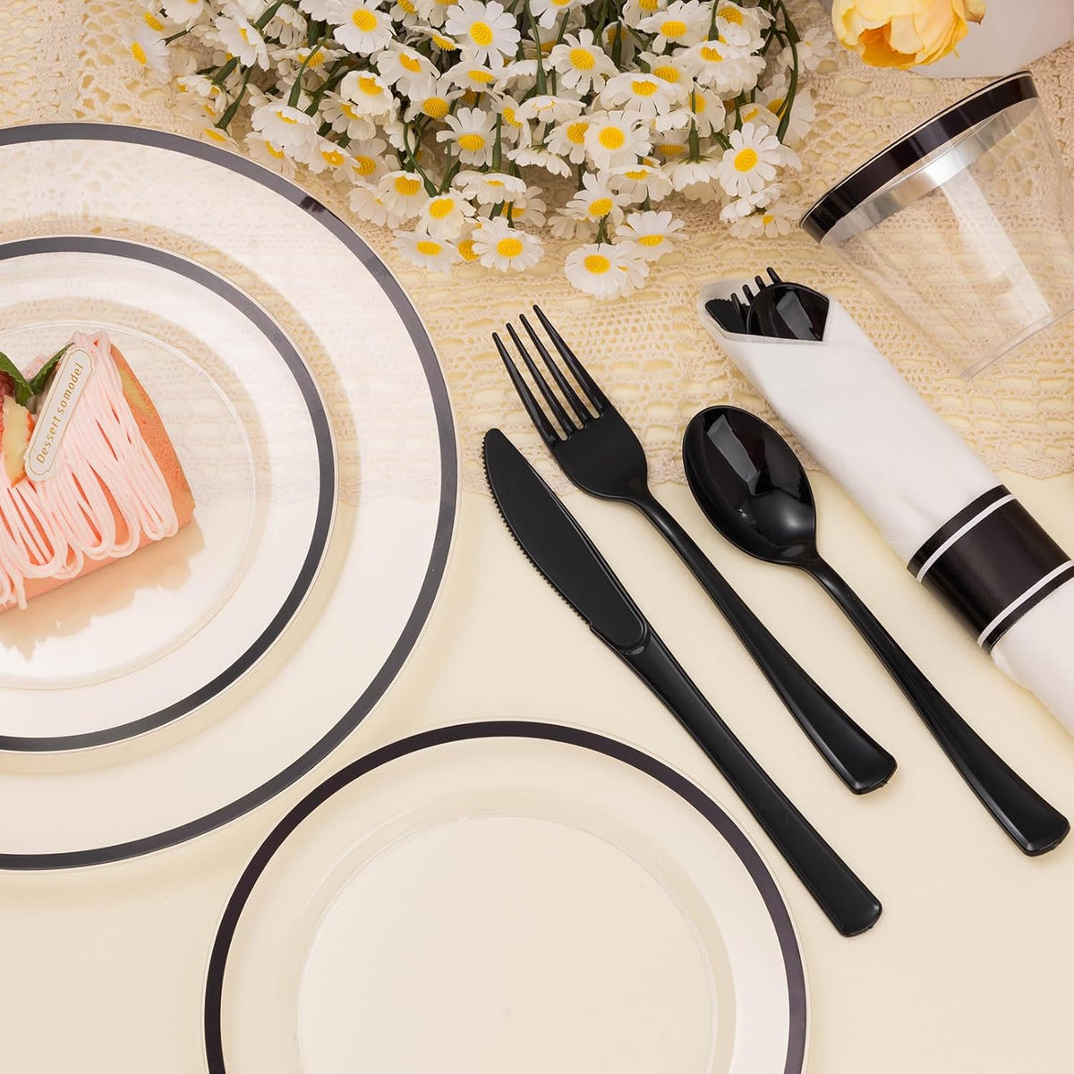 175PCS Clear and Black Disposable Plates Set for 25 Guests, 50 Plastic Plates, 25 Cups, 25 Pre-Rolled Napkins with Plastic Cutlery for Party, Birthday, Wedding, Thanksgiving, Christmas