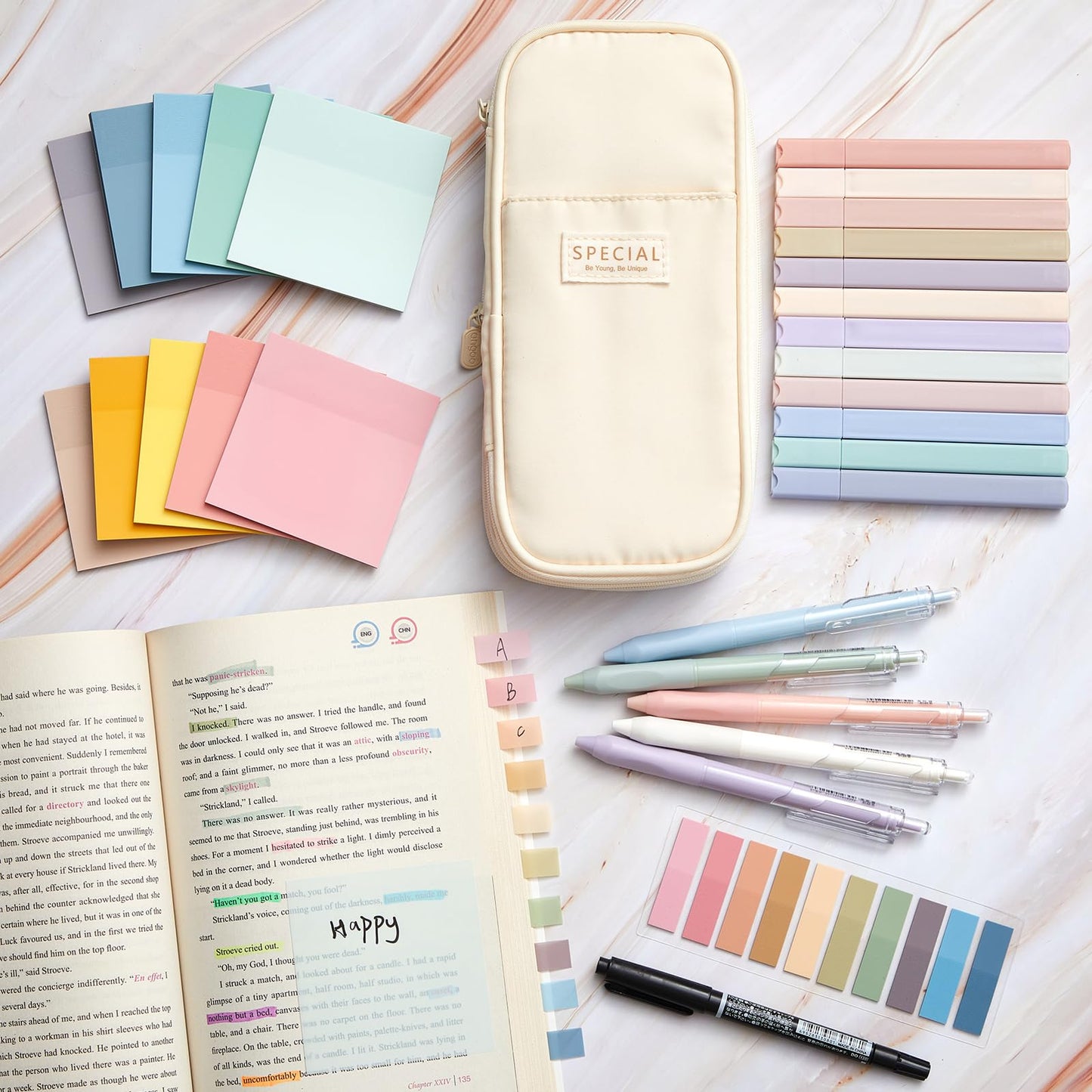 Jutom 39 Pcs Aesthetic Book Annotation Kit Highlighter with Pencil Case Bag Gel Pen Transparent Sticky Note Taking Bible Study College School Supplies(Cream,Cute Style)