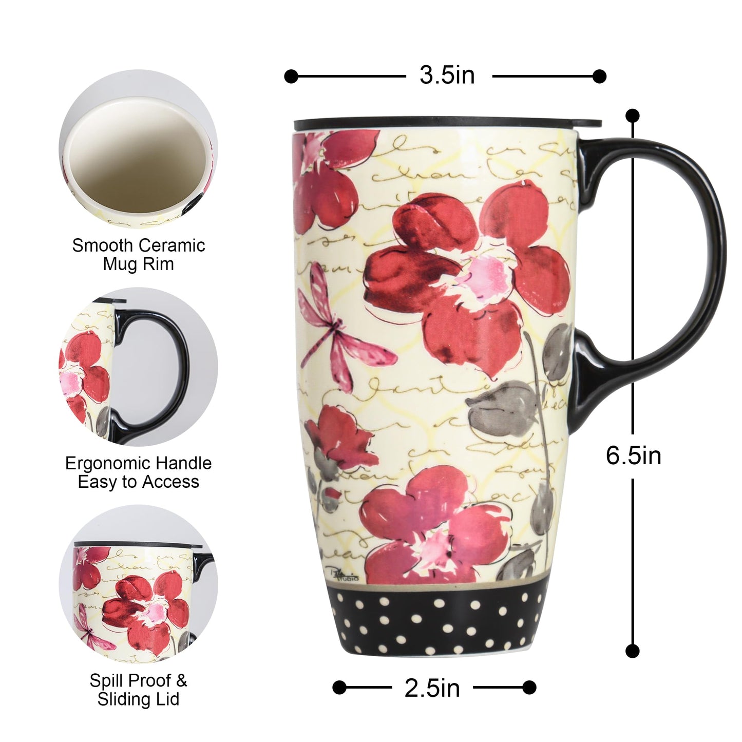 Topadorn Ceramic Coffee Mug Set of 2, 17 Oz Tea Cups with Handle and Lid for Latte, Tea, Cappuccino, Milk, Cocoa, Microwave&Dishwasher Safe, Flowers and Forest