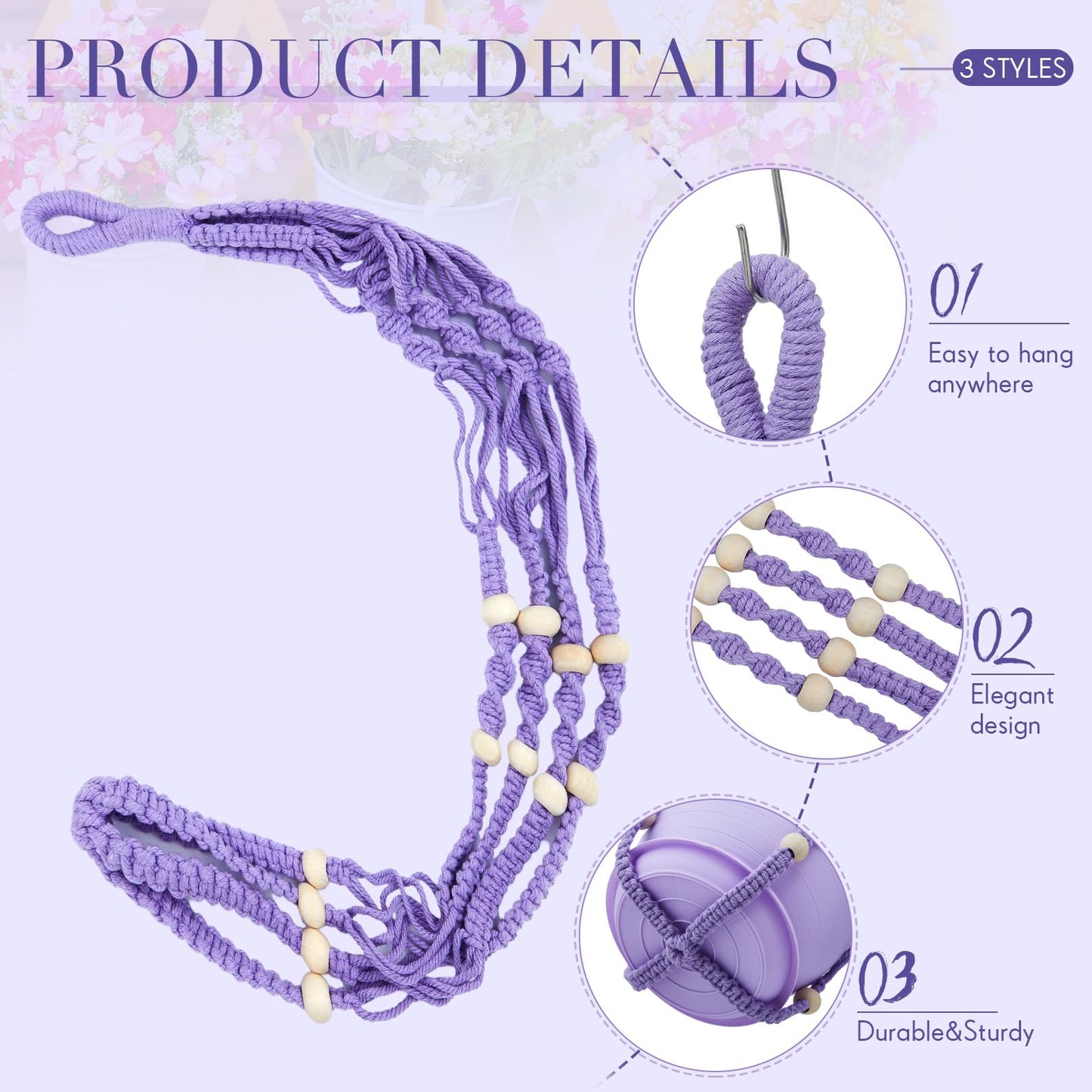 Hushee 3 Pack Crochet Macrame Plant Hanger Hanging Planters for Indoor Plants with Trays and Hooks Hanging Plant Holder Pot with Drainage Hole Boho Plant Hanger for Outdoor Flower Gardening Gift Decor