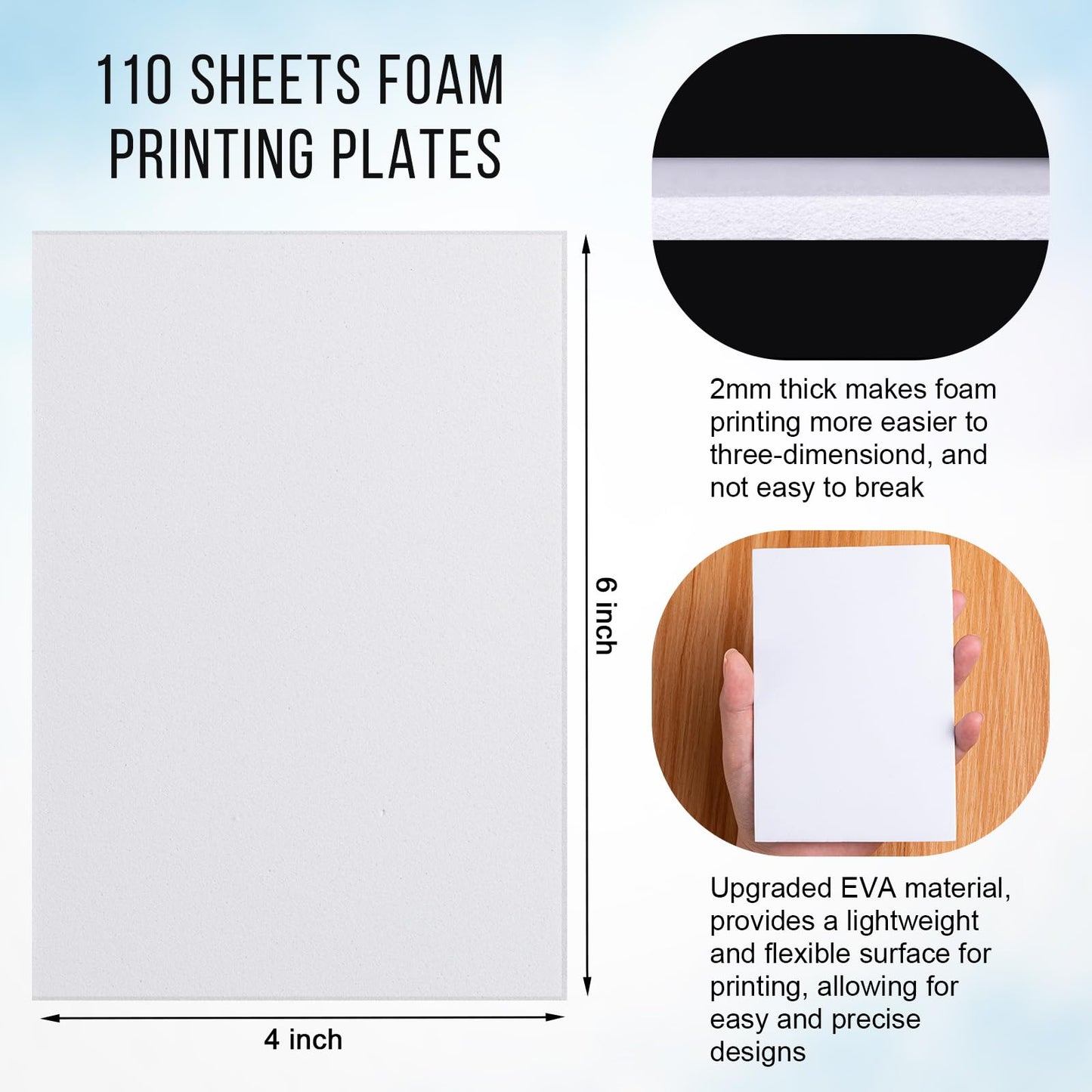 HFKPJRT 110 Pcs Foam Printing Plates, 4 x 6 Inch White Foam Sheets, 2mm Thick Eva Foam Board for Crafts, Styrofoam Sheets Set for Card Making, Crafting, Printing, Stamp, Classroom, Scrap Booking