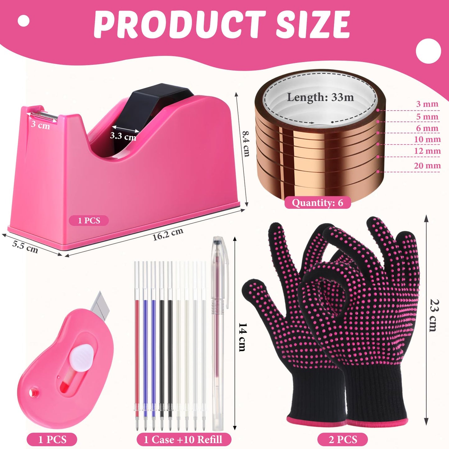 Kosiz 20 Pcs Heat Tape Dispenser Set 6 Multi Size Heat Tape for Sublimation 2 Press Gloves Resistant with Silicone Bumps Mini Cutter Pen Set Nonskid Weighted Base Holder(Rose Red)