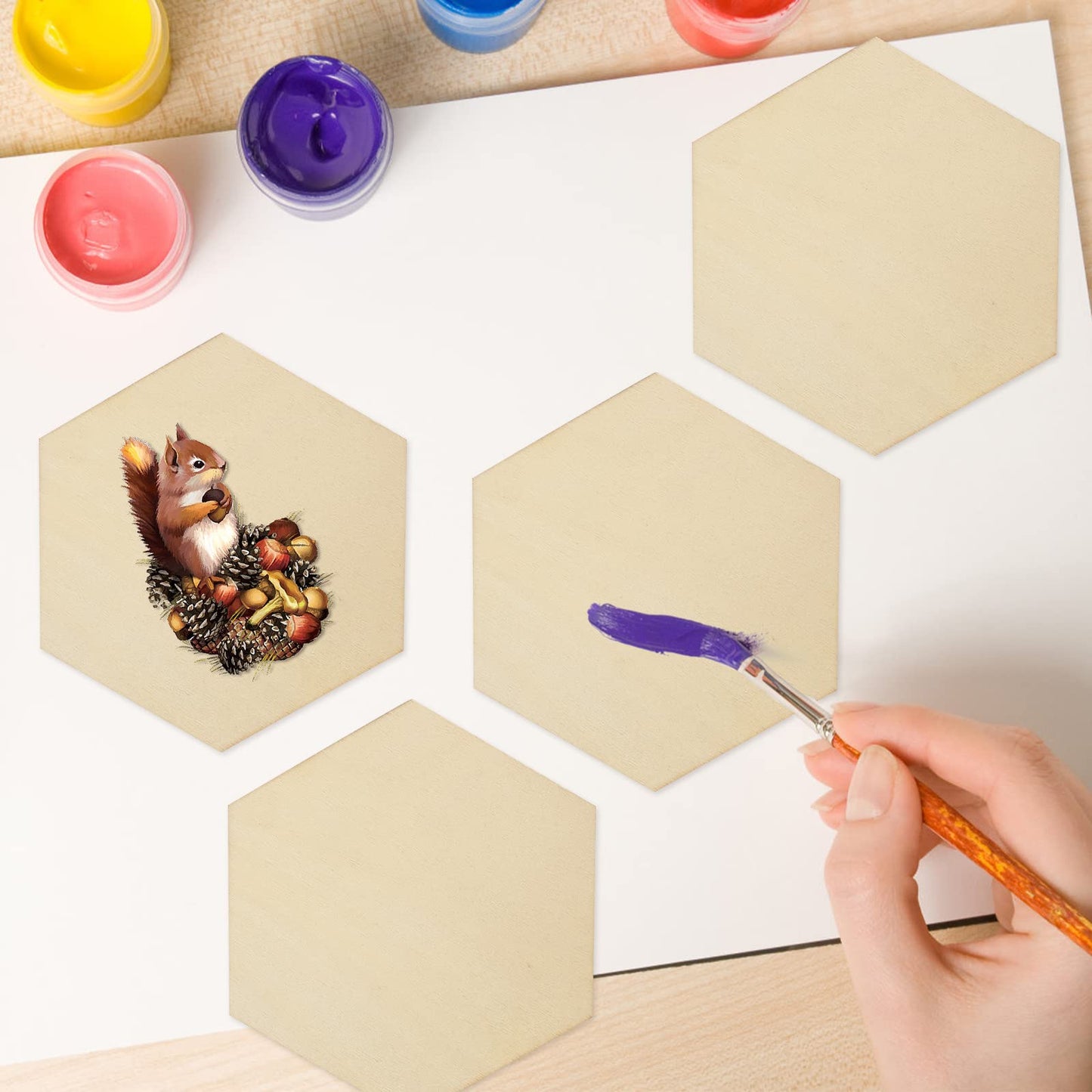 50PCS Wooden Hexagon for Crafts, 4 Inch Unfinished Wood Pieces for Crafts, Natural Hexagon Shape Wooden Slices Cutouts Coasters for Paint DIY Pyrograph Staining Burning Engraving Carving