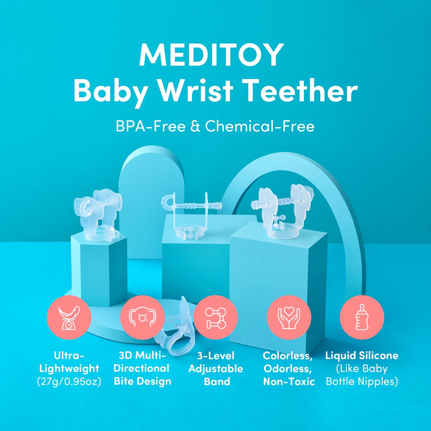 MEDITOY Premium Baby Hand Teether – Soft & Hygienic Soothing Aid for Teething Discomfort in Babies 3-12 Months, BPA-Free LSR Silicone, Adjustable Wristband, Easy to Clean, Made in Korea