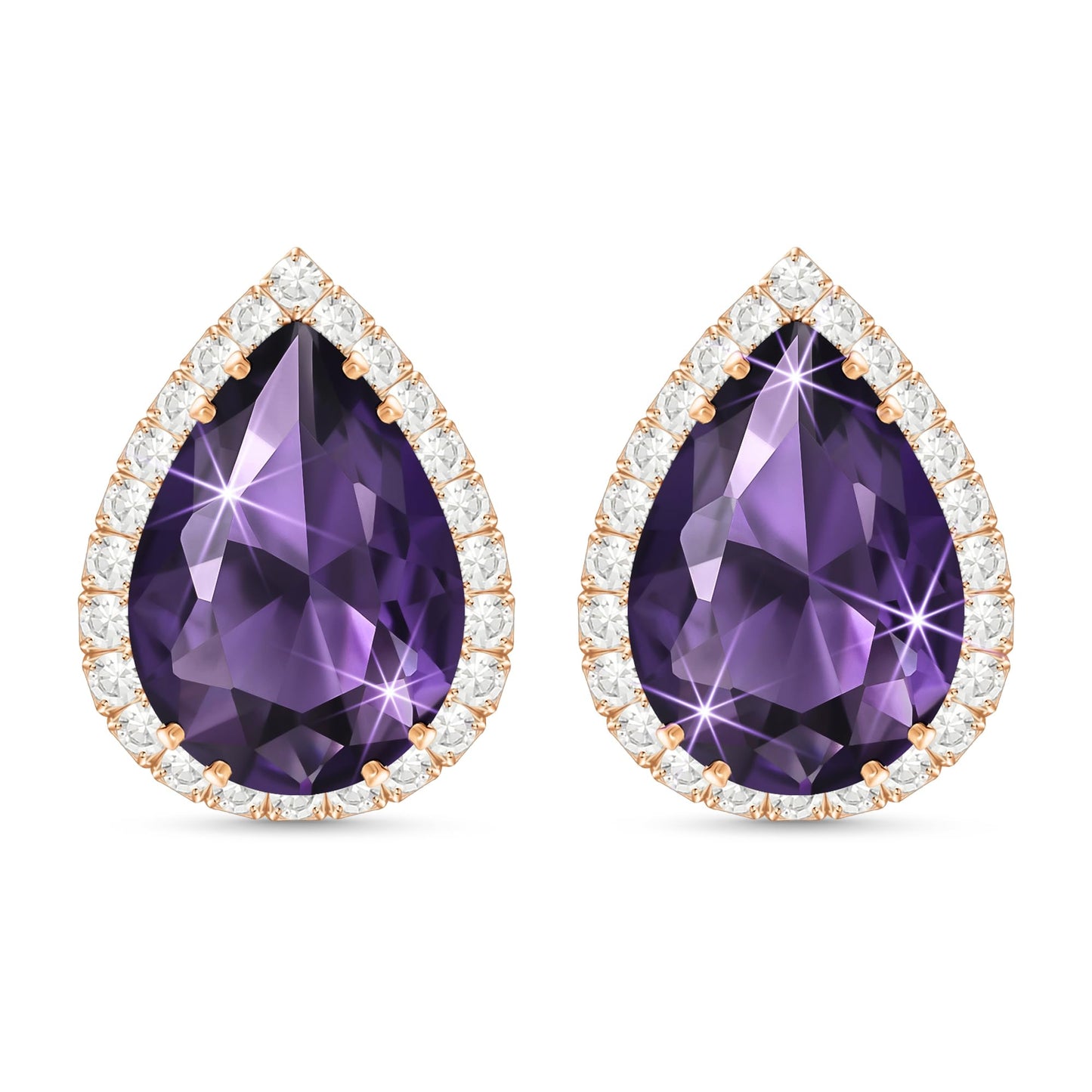 Linawe Purple Earrings Studs, Imitation Diamond Stud Earrings for Women, Cubic Zirconia Teardrop Rhinestone Crystal Piercing Jewelry Rose Gold, Wedding Brial Bridesmaid Costume Earring Set