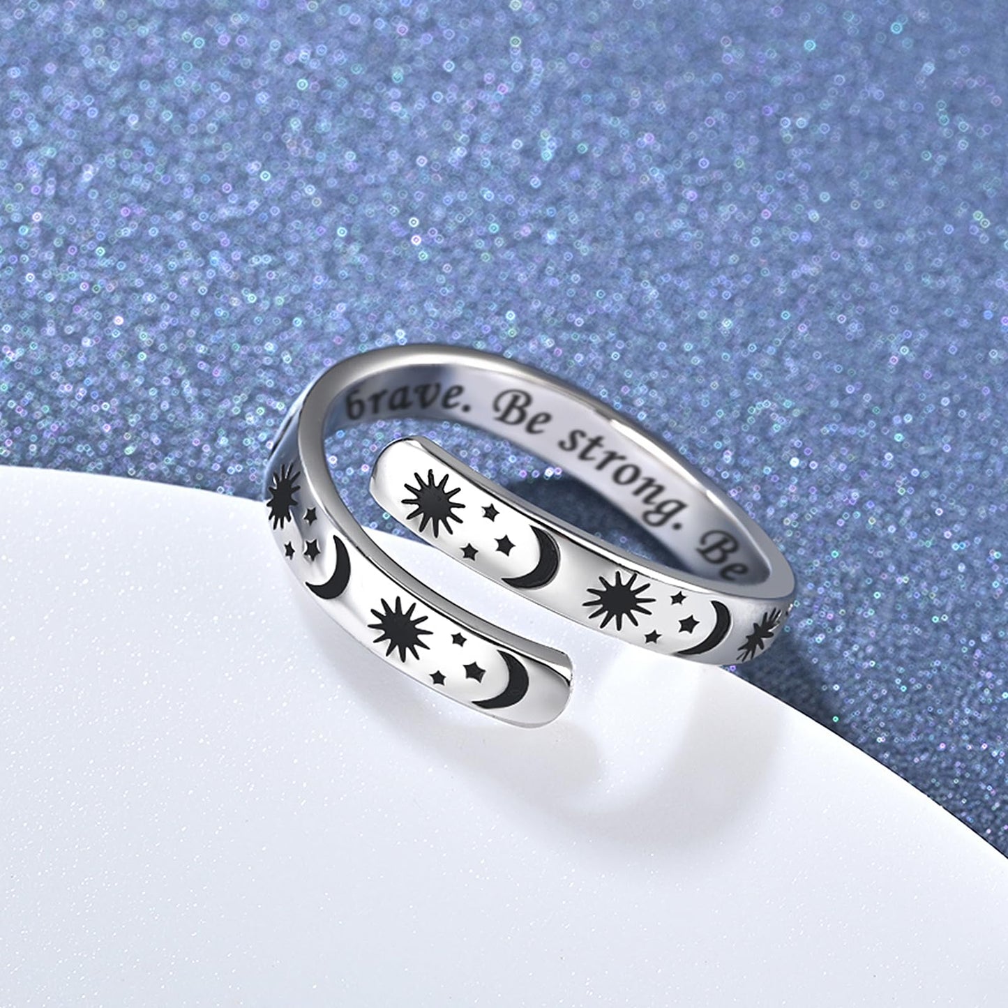 925 Sterling Silver Inspirational Jewelry Adjustable Wrap Open Ring Encouragement Gift for Women (Sun & Moon - Be brave. Be strong. Be bad*)