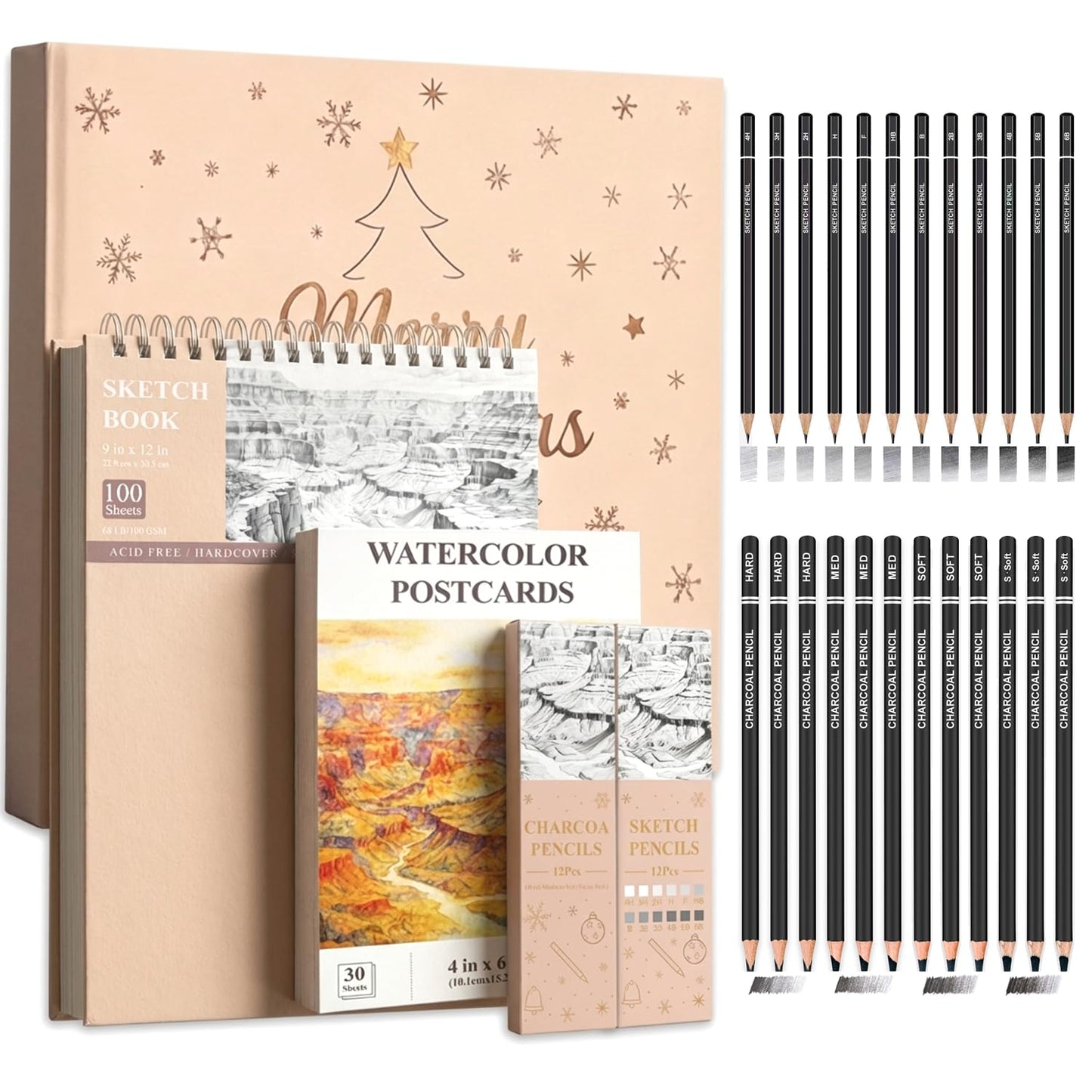 SuFly Sketchbook and Pencils Sets, Sketch Supplies Complete: Sketchbook 9x12, Watercolor Postcards, Graphite (12B-4H), Charcoal Pencils (Hard/Medium/Soft), Sketching Kit for Kids 9-12.