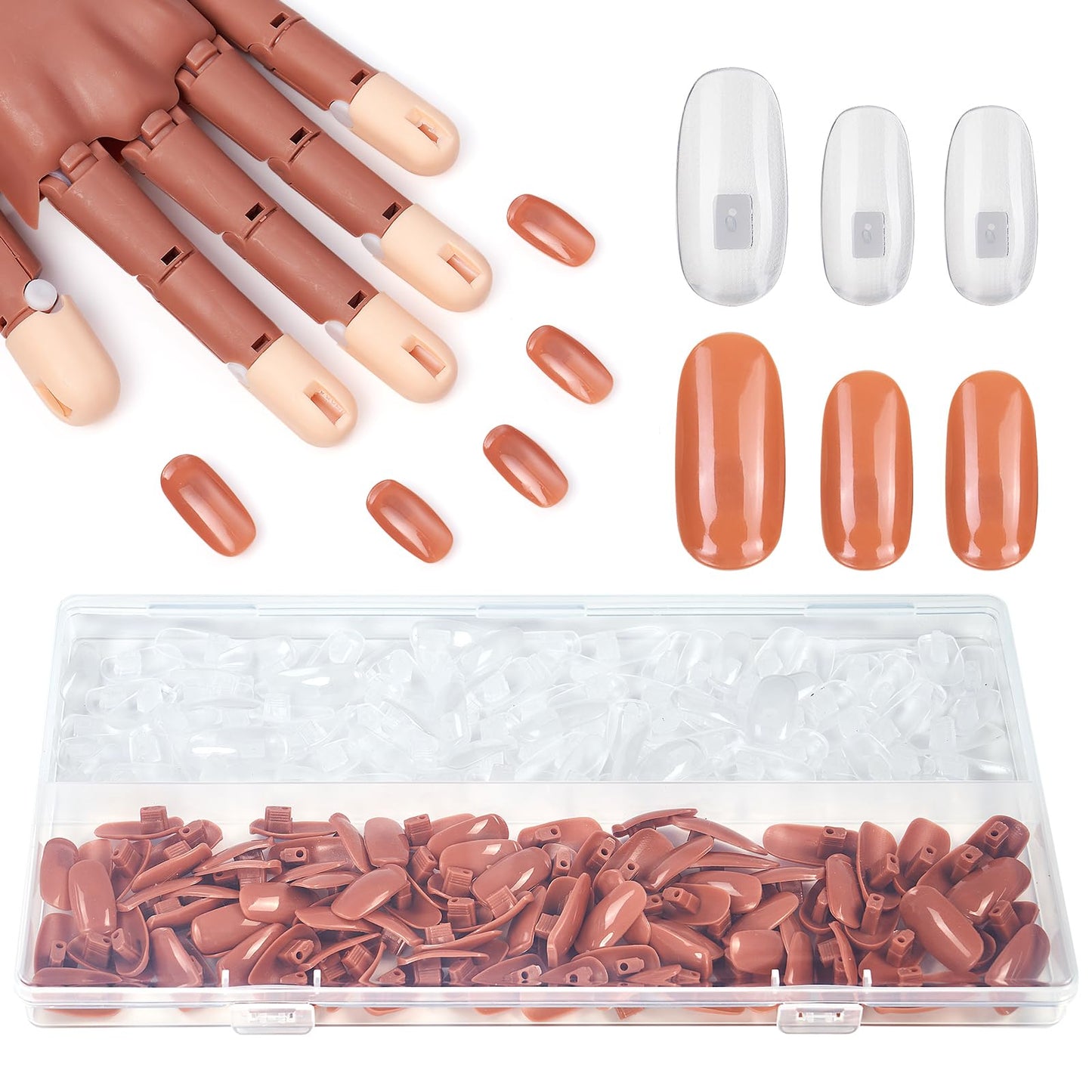 Fit for Wilfniee Magnetic Hand Only- 200PCS Replacement Nail Tips for Magnetic Practice Hand - Clear Brown Refill Acrylic Fake Nail Tips for Magnetic Nail Practice Hand