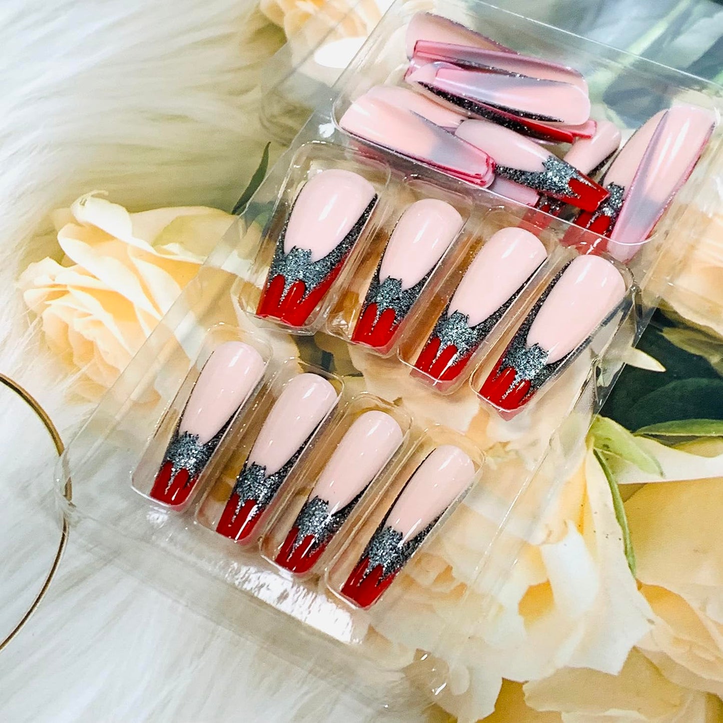 Vezocim Red Press on Nails Coffin Long French Tips Glossy Full Cover Acrylic Square Fake Nails with Bat Designs Extra Long Artificial False Nails Glue Stick on Fingernails with Charm for Women