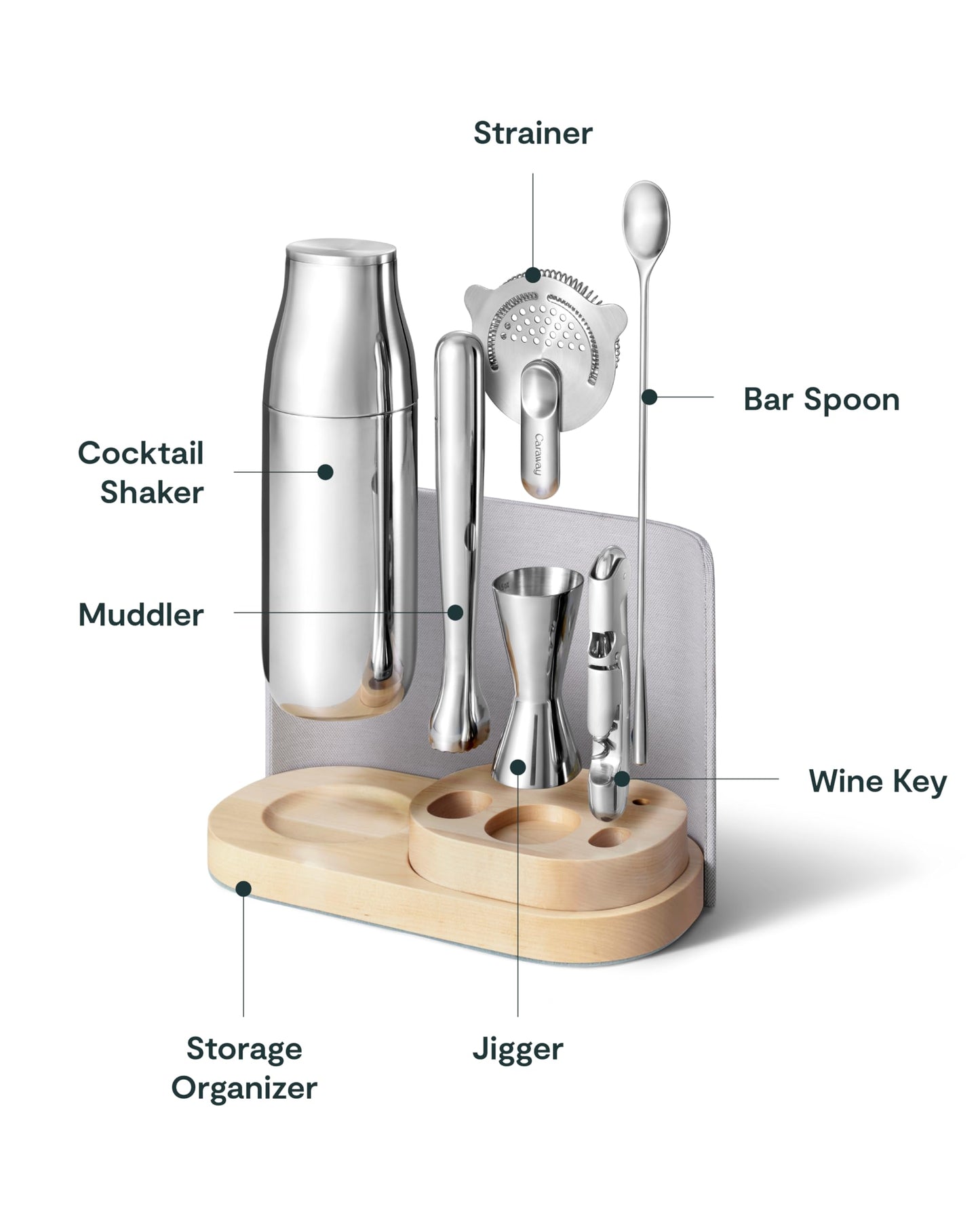 Caraway 9-Piece Complete Bar Set - Cocktail Shaker, Jigger, Muddler, Wine Key, Strainer, Bar Spoon, Storage Organizer, Magnetic Backer - Bartender Accessories - Tools for Home Bartending - Gray