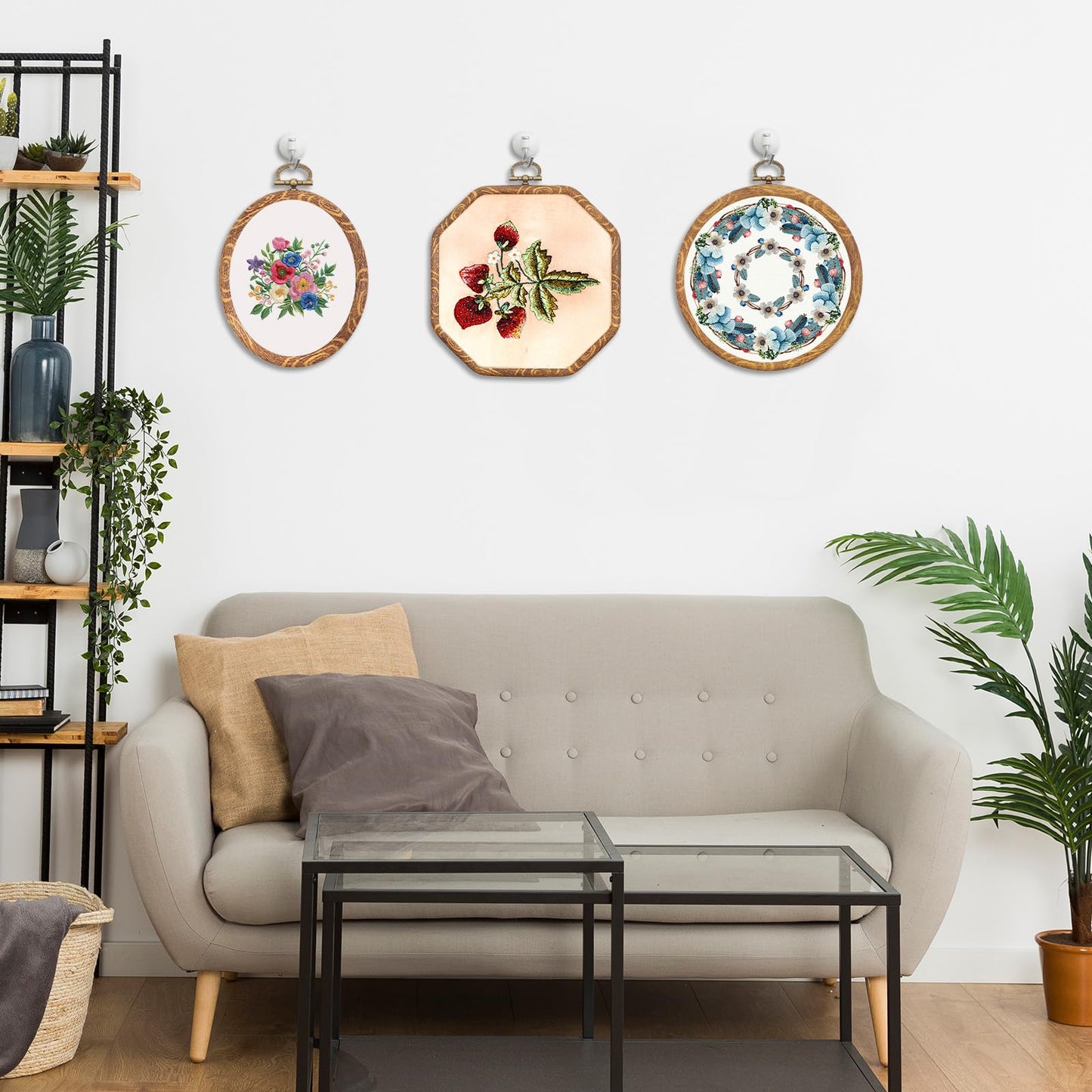 Oqqlin 9 Pcs Embroidery Hoop Frame, 4 Shapes Large Imitated Wood Cross Stitch Hoop Ring with Scissors Display Decorative Embroidery Hoops for DIY Arts, Crafts, Sewing, Hanging Ornaments Decor