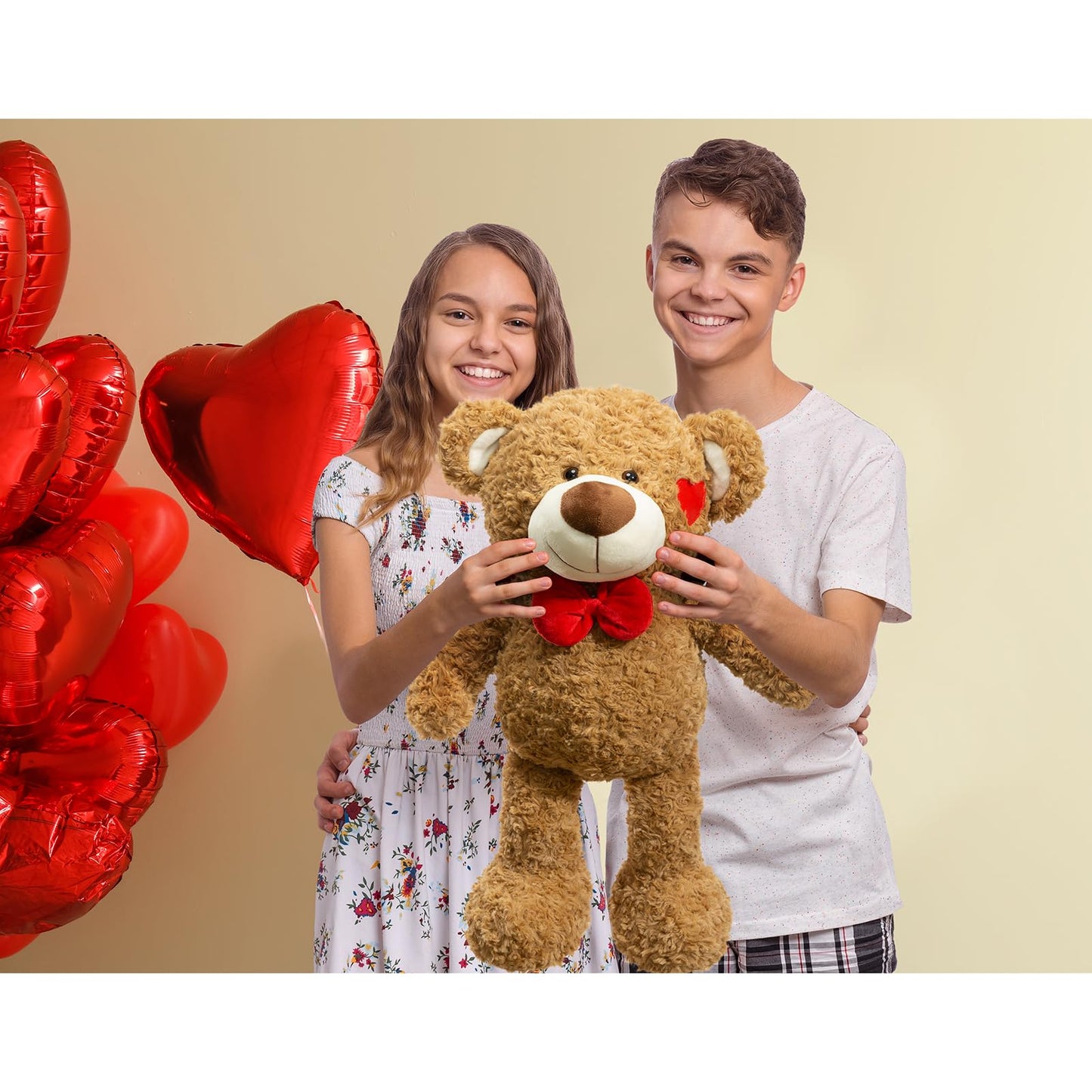 BEJOY Teddy Bear Stuffed Animal Plush Bear with Red Bow and Hearts Holiday Toy Gift 24 inches Brown