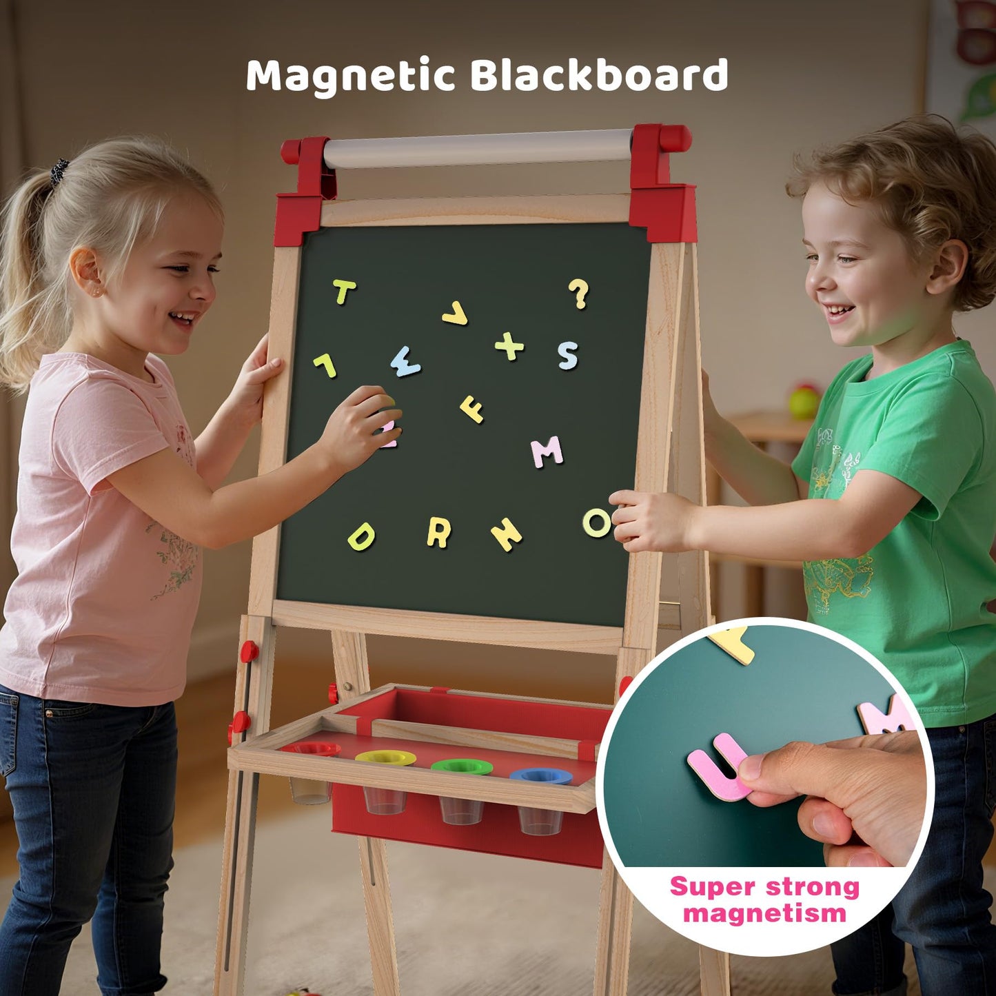 JOYOOSS LED Easel for Kids Ages 4-8 Easels for Toddlers Art Kids Easel Ages 8-12 Light Up Wooden Drawing Easels Magnetic Black Board with Paper Roll for Kid LED Dry Erase Board