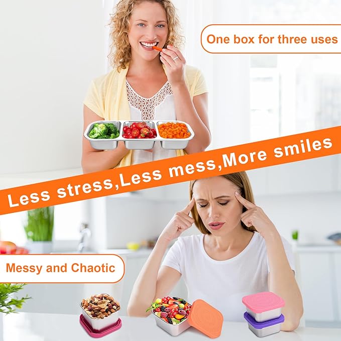 4 Pack Stainless Steel Snack Containers, 3 Compartment Metal Snack Container with Lids, Stackable Leak Proof Lunch Box for Home, Camping, Office,Work(3 Grid Lunch Box)